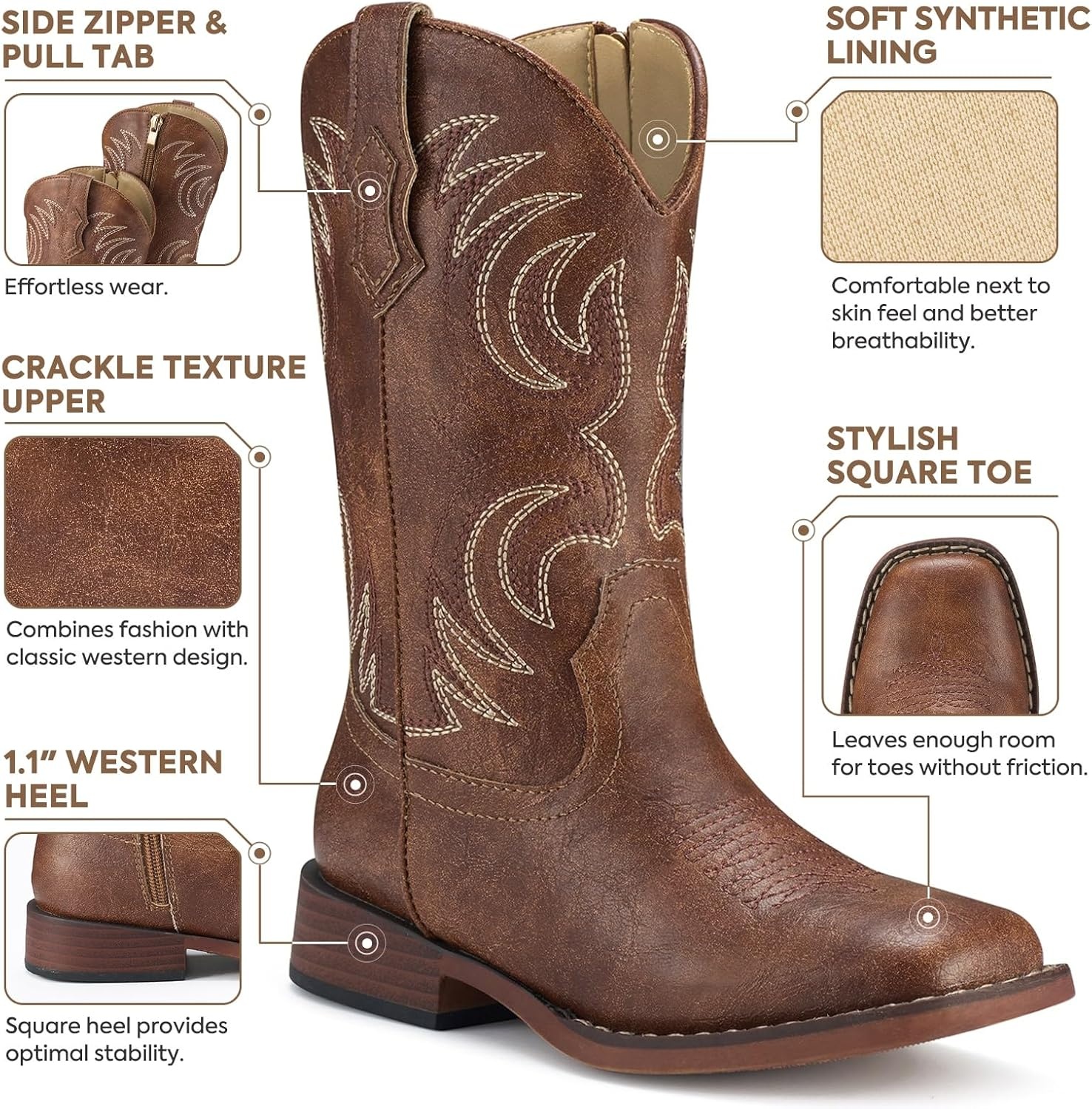 image:imageRollda Boys Cowboy Boots Kids Cowboy Boots with Square Toe Girls Cowgirl Western Boots for ToddlerLittle BoysBig KidsBrown
