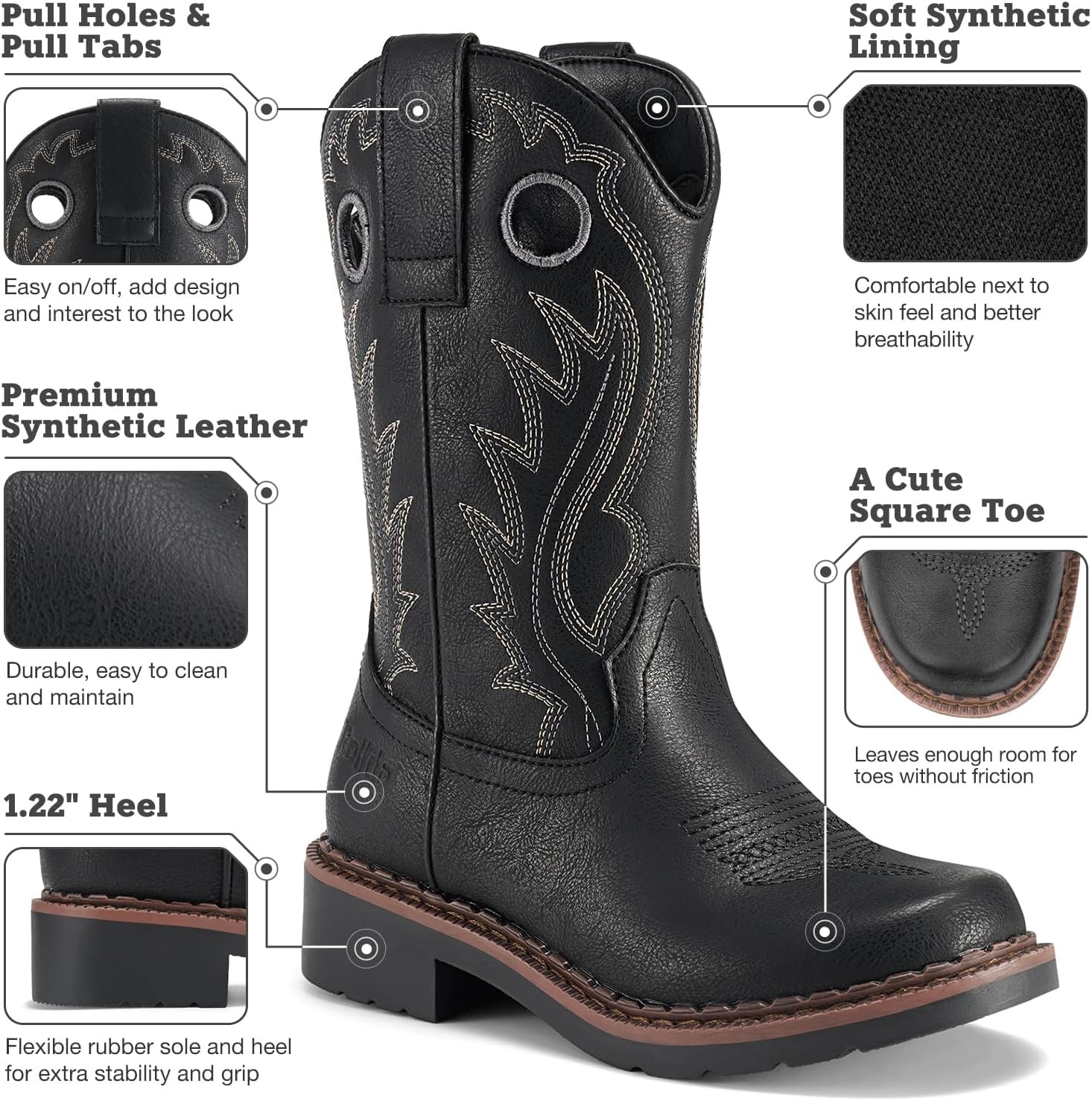 image:imageRollda Boys Cowboy Boots Kids Western Boots Square Toe Girls Cowgirl Boots for ToddlerLittle KidBig KidBlack