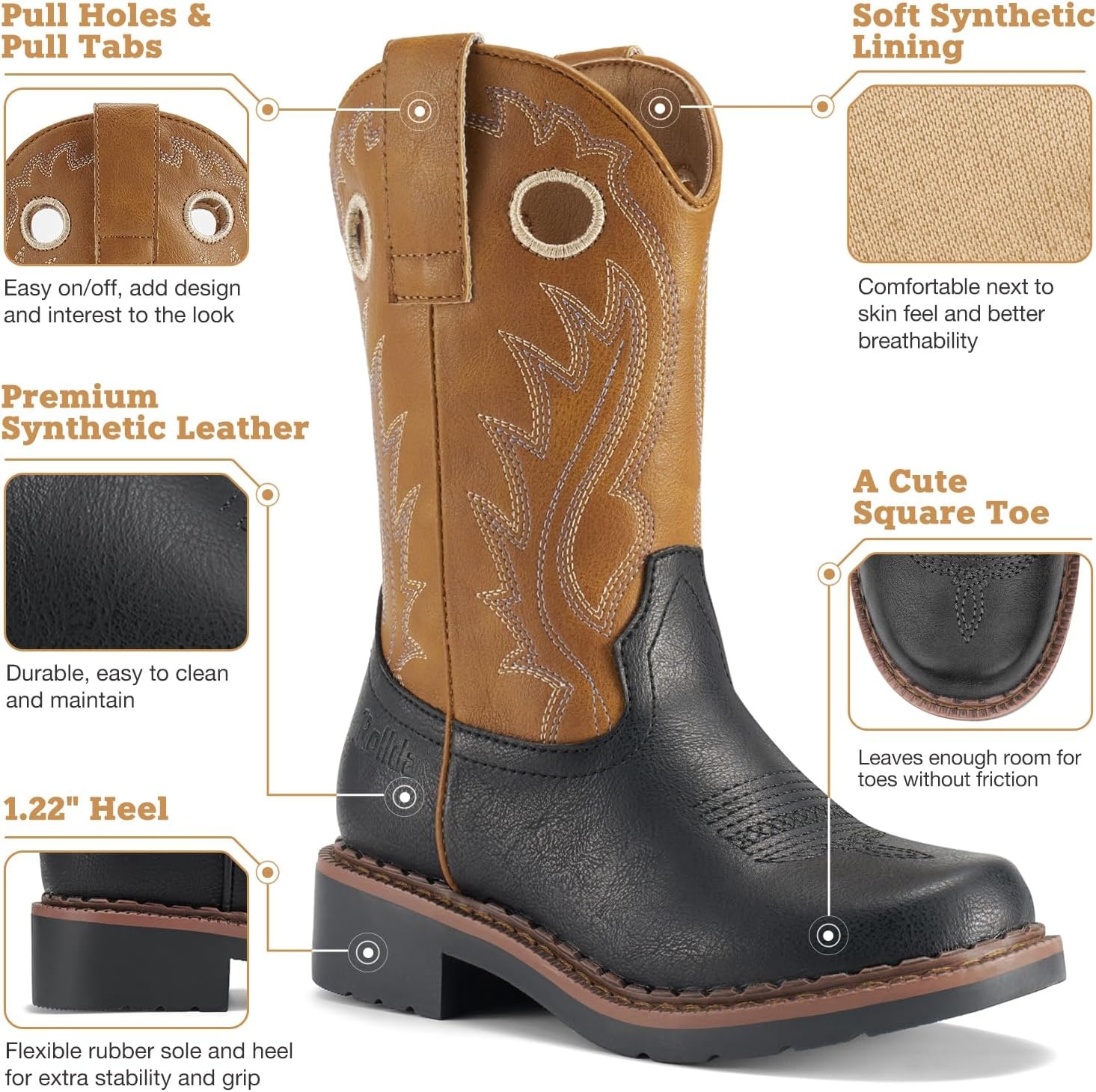 image:imageRollda Boys Cowboy Boots Kids Western Boots Square Toe Girls Cowgirl Boots for ToddlerLittle KidBig KidBlackBrown