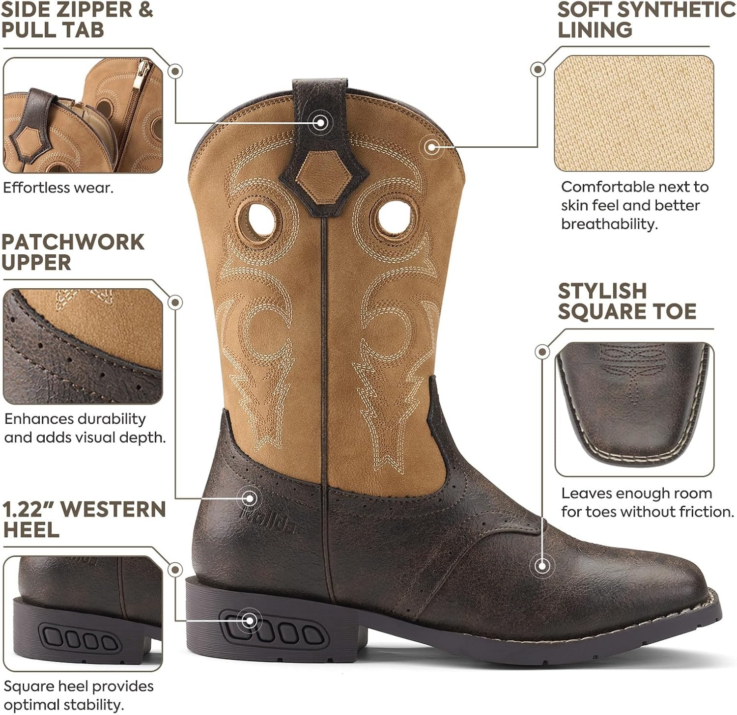 image:imageRollda Boys Cowboy Boots Kids Western Boots Square Toe Girls Cowgirl Boots for ToddlerLittle KidBig KidBronzeBrown