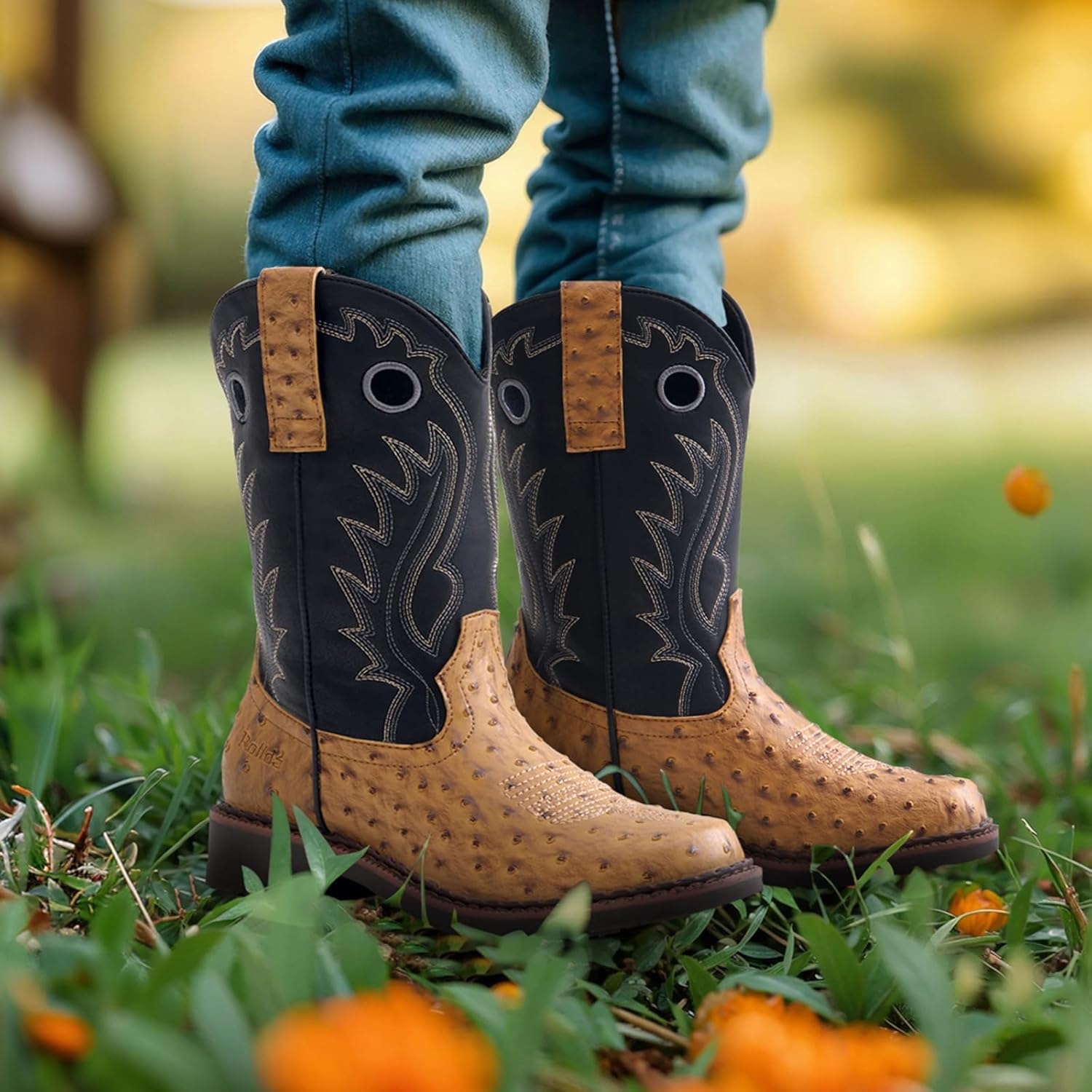 image:imageRollda Boys Cowboy Boots Kids Western Boots Square Toe Girls Cowgirl Boots for ToddlerLittle KidBig KidBrown Ostrich
