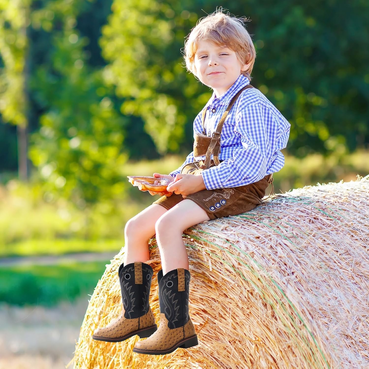 image:imageRollda Boys Cowboy Boots Kids Western Boots Square Toe Girls Cowgirl Boots for ToddlerLittle KidBig KidBrown Ostrich