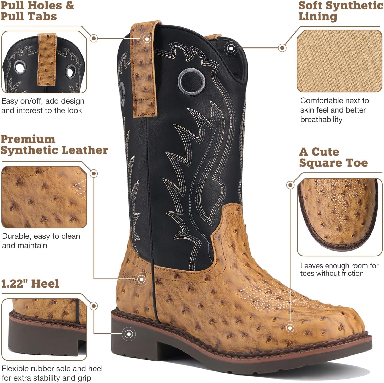 image:imageRollda Boys Cowboy Boots Kids Western Boots Square Toe Girls Cowgirl Boots for ToddlerLittle KidBig KidBrown Ostrich