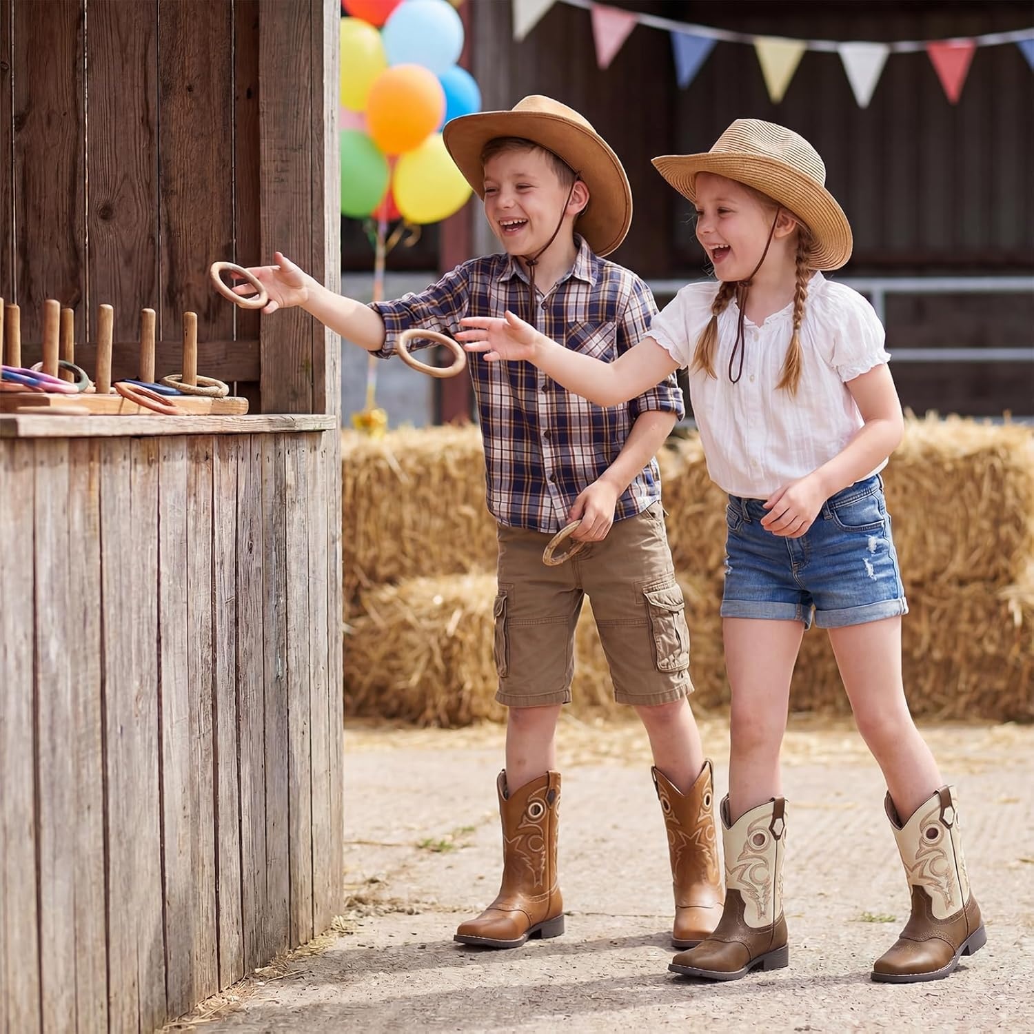 image:imageRollda Boys Cowboy Boots Kids Western Boots Square Toe Girls Cowgirl Boots for ToddlerLittle KidBig KidBrownWhite