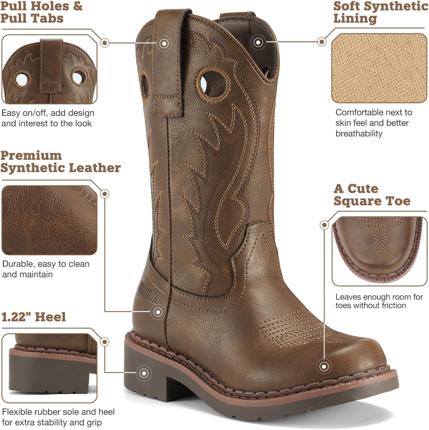 image:imageRollda Boys Cowboy Boots Kids Western Boots Square Toe Girls Cowgirl Boots for ToddlerLittle KidBig KidDarkbrown