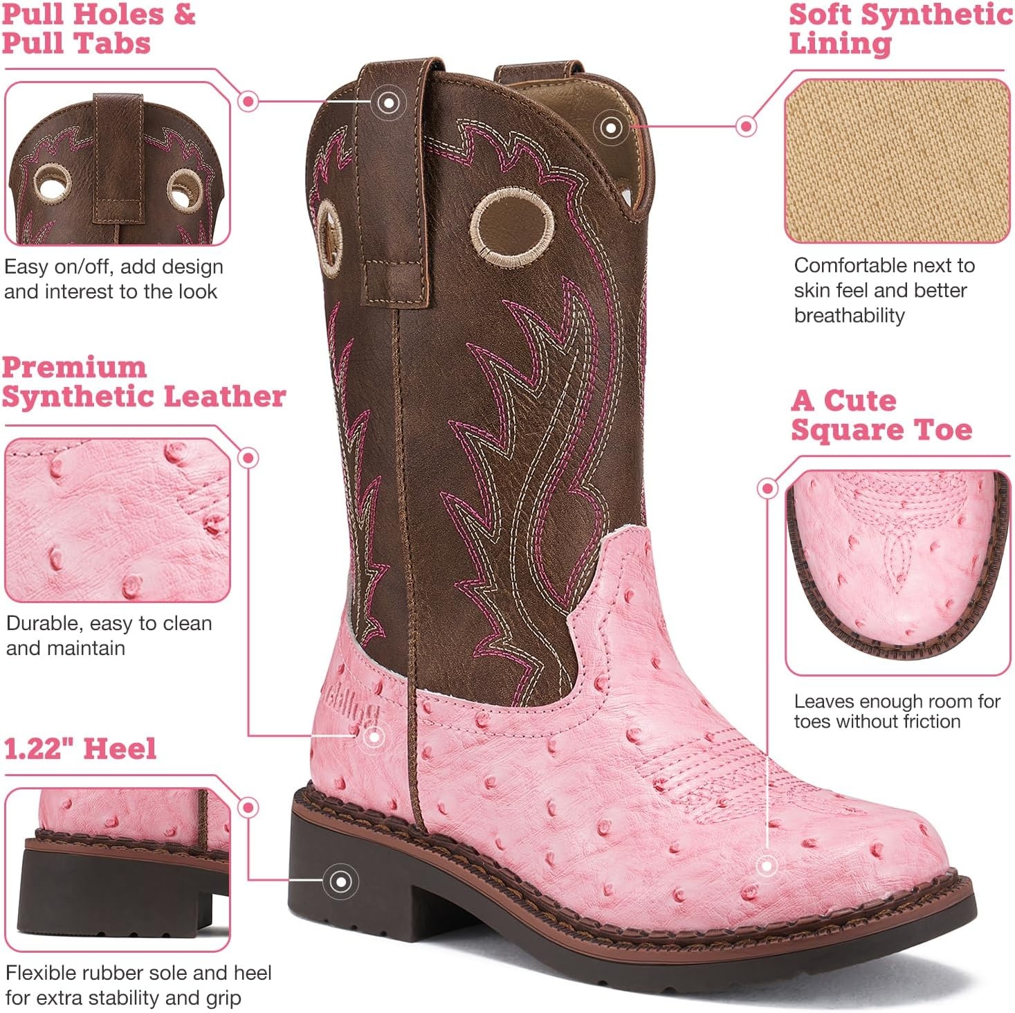 image:imageRollda Boys Cowboy Boots Kids Western Boots Square Toe Girls Cowgirl Boots for ToddlerLittle KidBig KidPink Ostrich