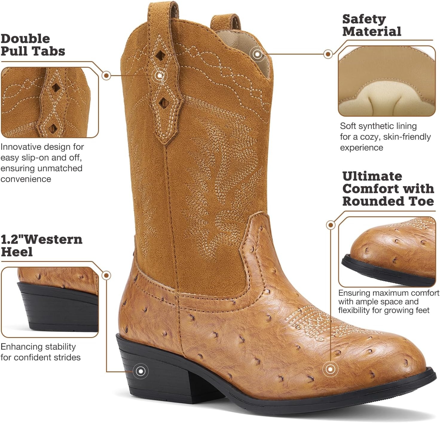 image:imageRollda Kids Cowboy Boots Western Round Toe Cowgirl Boots for Boys Girls ToddlerLittle KidBig KidBrown