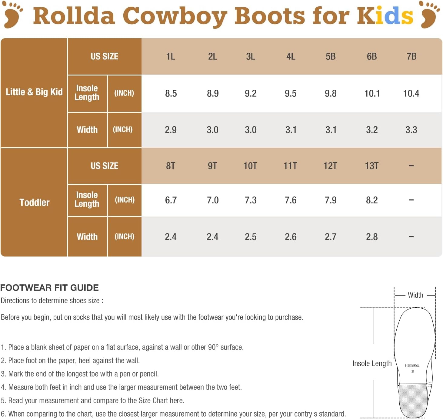 image:imageRollda Kids Cowboy Boots Western Round Toe Cowgirl Boots for Boys Girls ToddlerLittle KidBig KidBrown