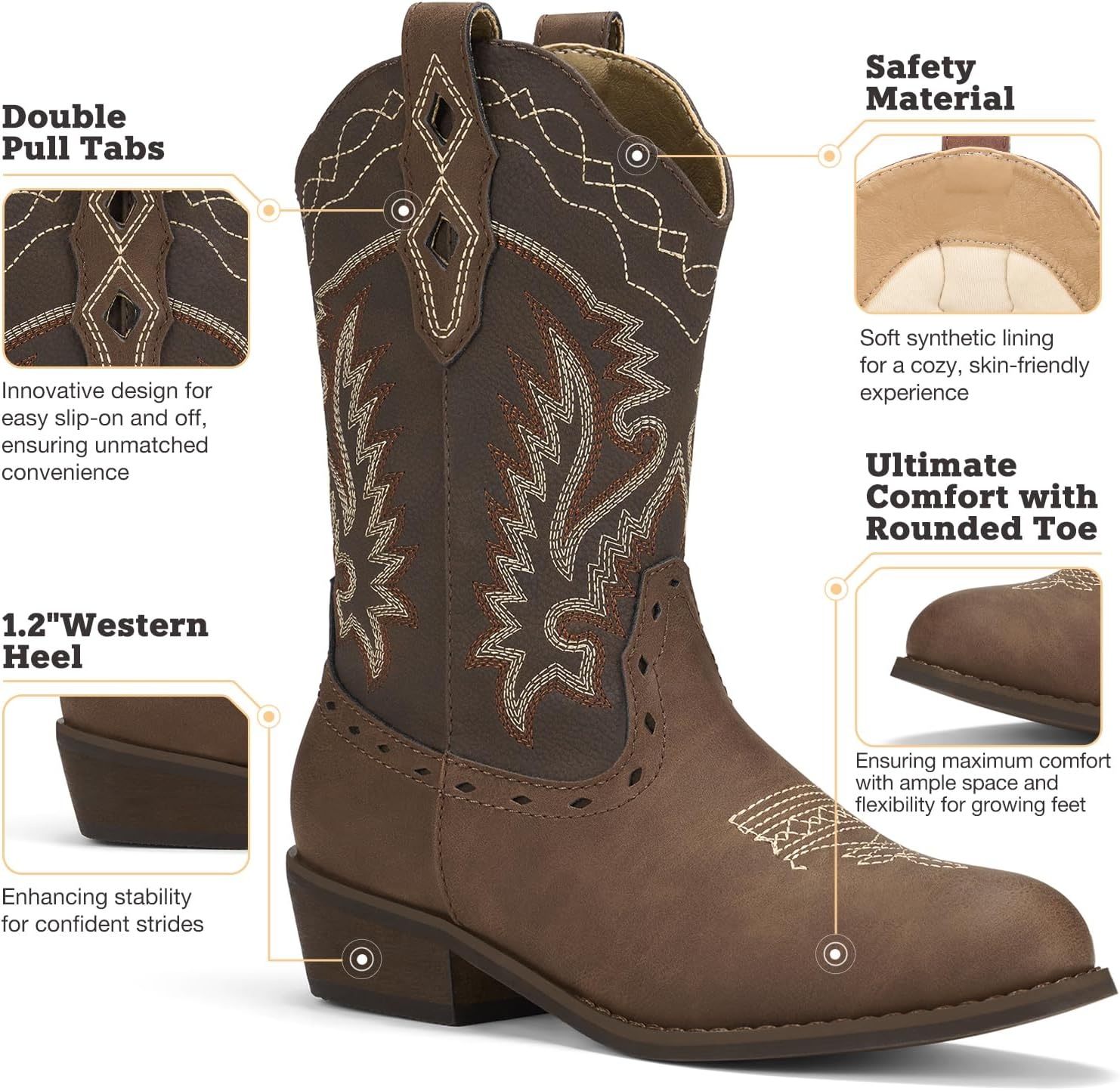 image:imageRollda Kids Cowboy Boots Western Round Toe Cowgirl Boots for Boys Girls ToddlerLittle KidBig KidDark Brown