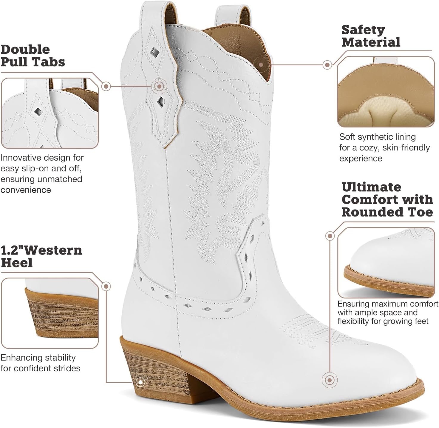 image:imageRollda Kids Cowboy Boots Western Round Toe Cowgirl Boots for Boys Girls ToddlerLittle KidBig KidWhite