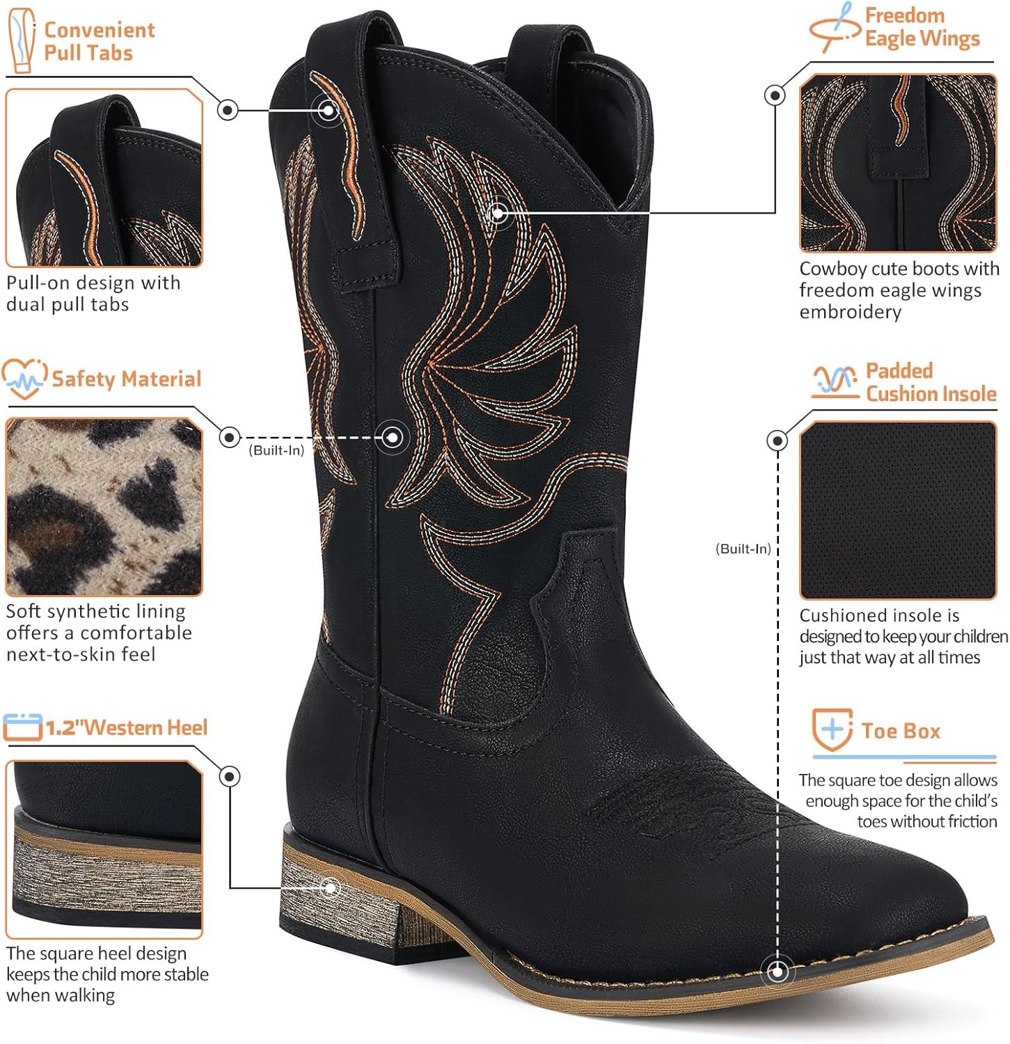 image:imageRollda Kids Cowboy Boots for Boys Girls Western Square Toe Cowgirl Boots with Walking Heel ToddlerLittle KidBig KidBlack