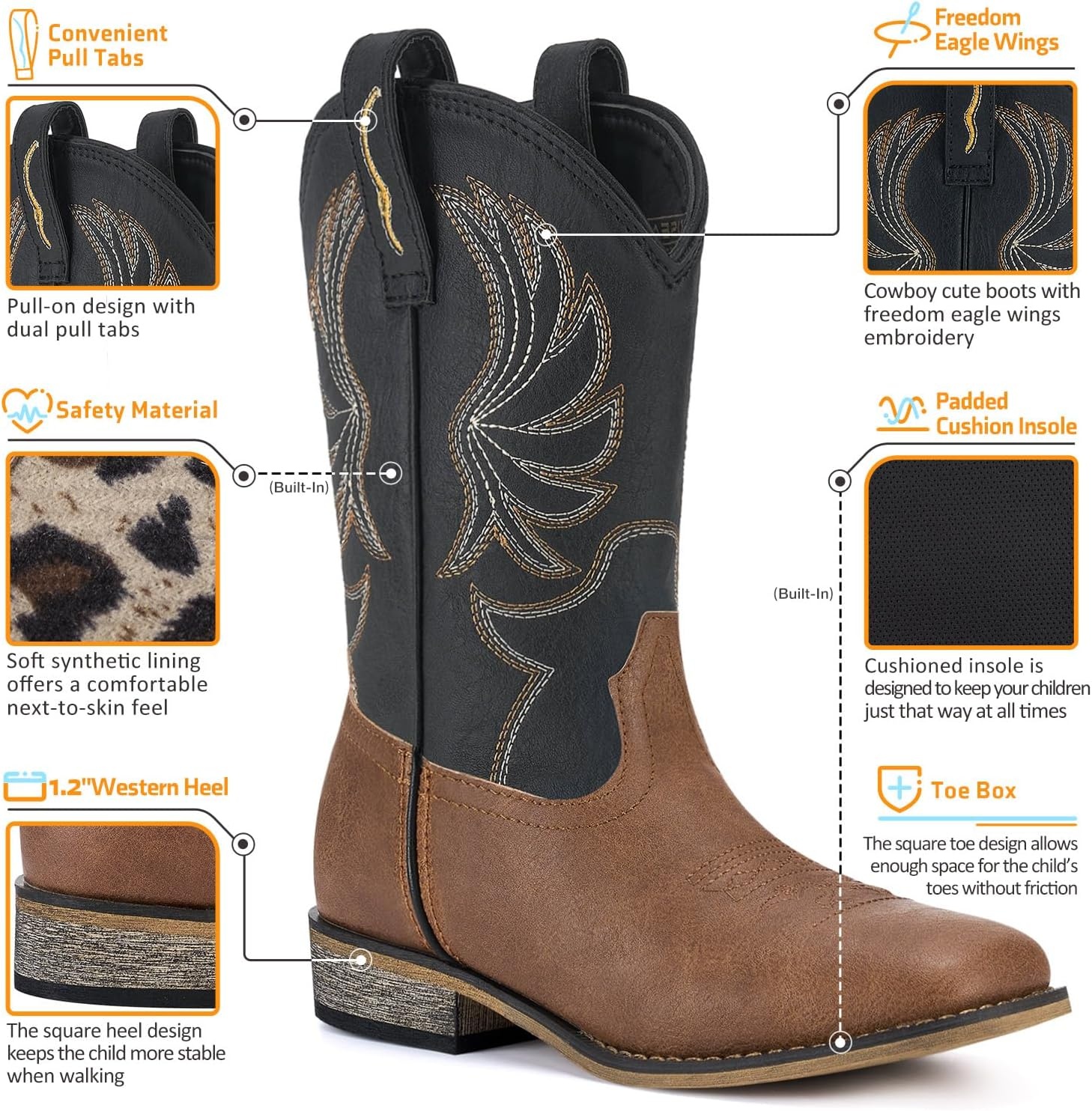 image:imageRollda Kids Cowboy Boots for Boys Girls Western Square Toe Cowgirl Boots with Walking Heel ToddlerLittle KidBig KidBlackTan