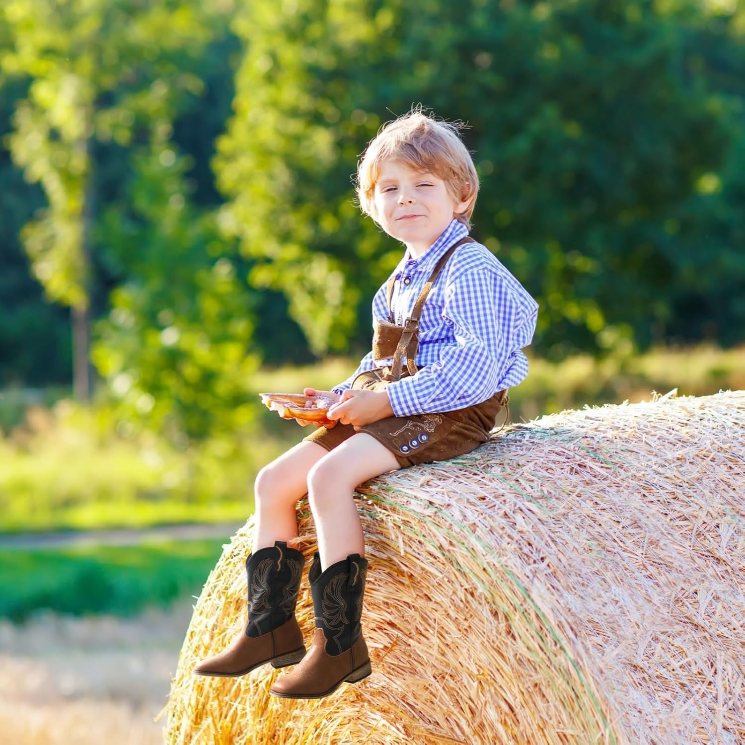 image:imageRollda Kids Cowboy Boots for Boys Girls Western Square Toe Cowgirl Boots with Walking Heel ToddlerLittle KidBig KidBlackTan