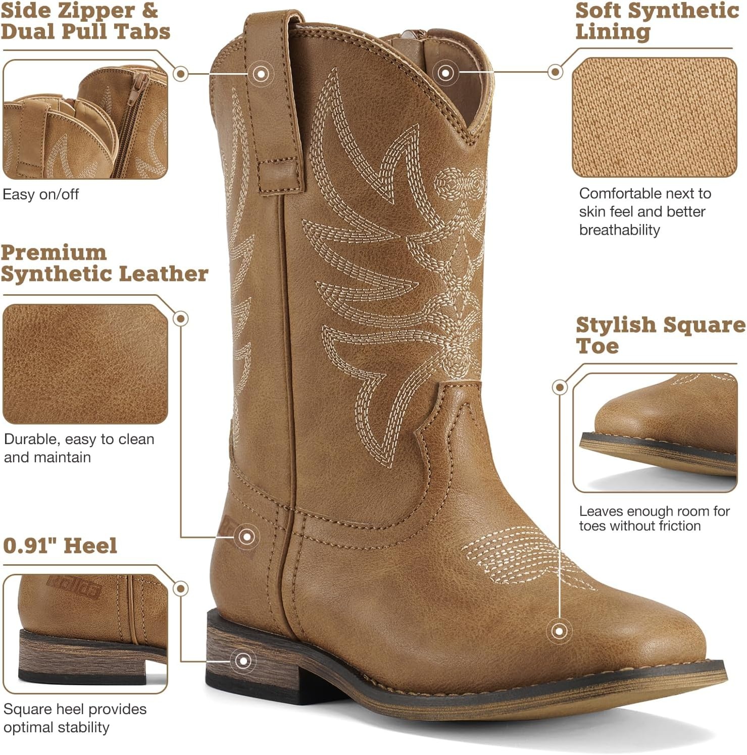 image:imageRollda Kids Cowboy Boots for Boys Girls Western Square Toe Cowgirl Boots with Walking Heel ToddlerLittle KidBig KidBrownwith Zipper