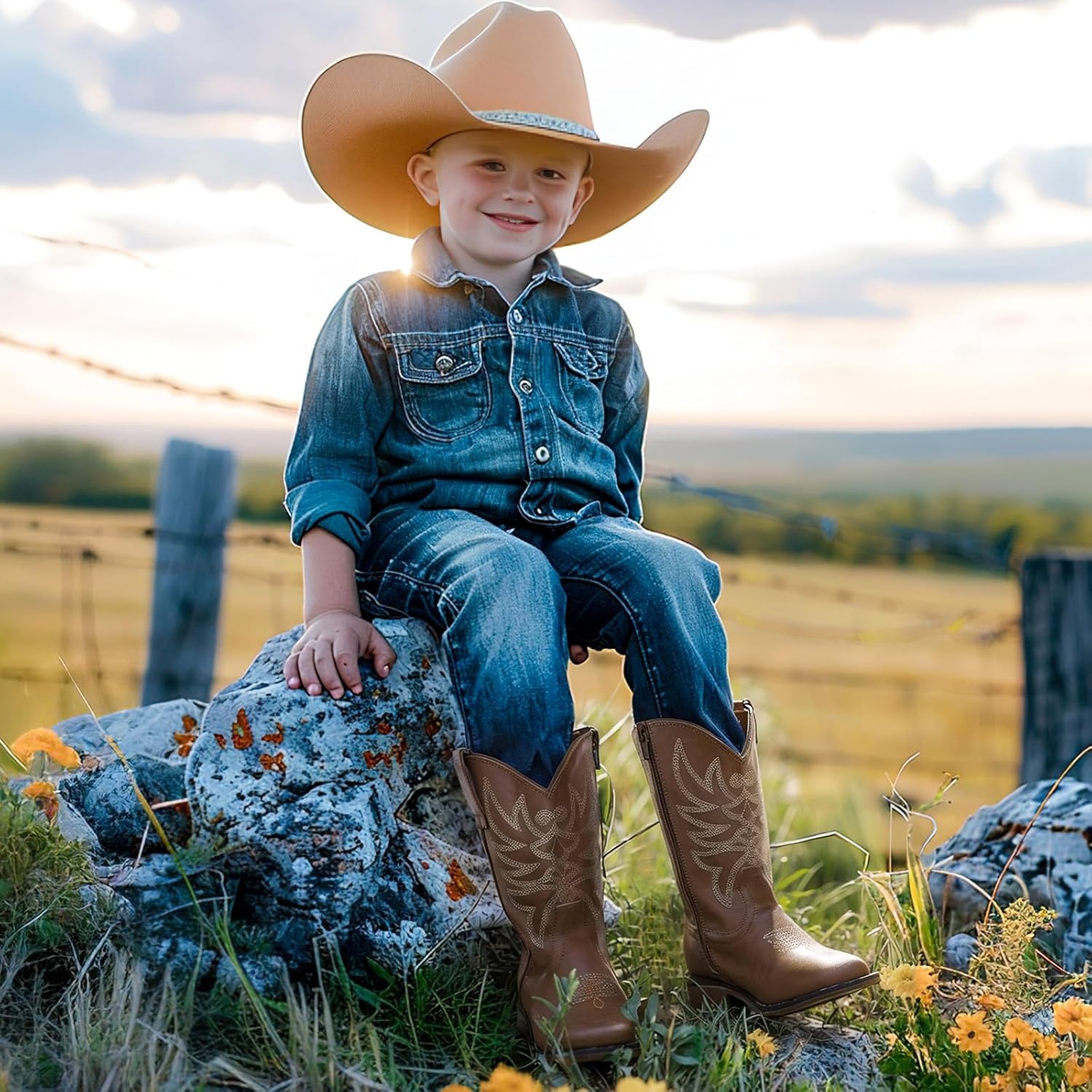 image:imageRollda Kids Cowboy Boots for Boys Girls Western Square Toe Cowgirl Boots with Walking Heel ToddlerLittle KidBig KidBrownwith Zipper