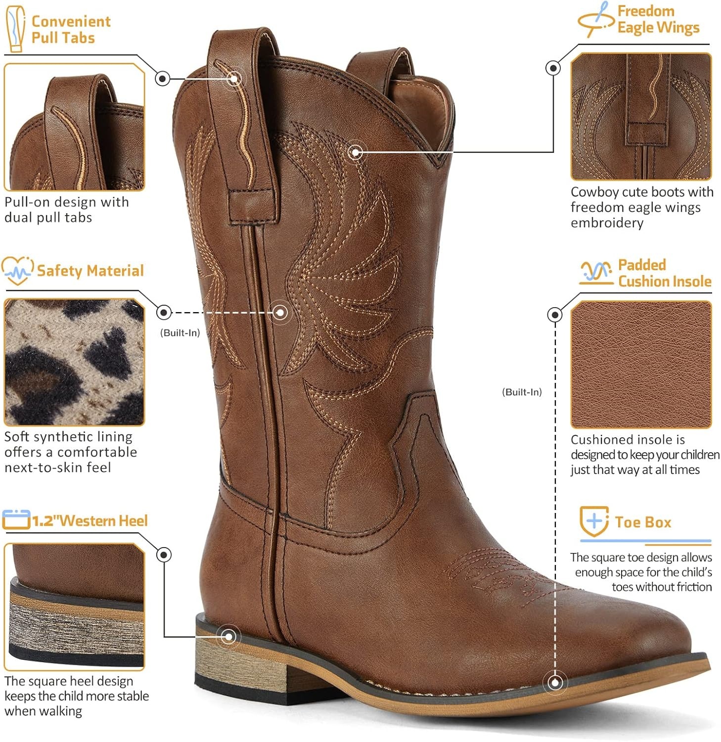 image:imageRollda Kids Cowboy Boots for Boys Girls Western Square Toe Cowgirl Boots with Walking Heel ToddlerLittle KidBig KidDark Brown