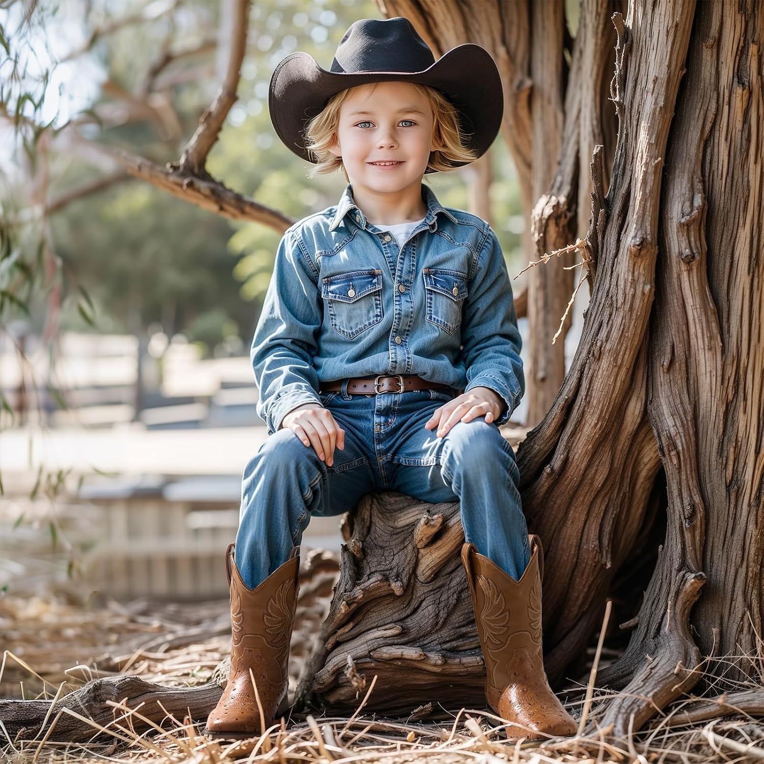 image:imageRollda Kids Cowboy Boots for Boys Girls Western Square Toe Cowgirl Boots with Walking Heel ToddlerLittle KidBig KidDark BrownOstrich Upper
