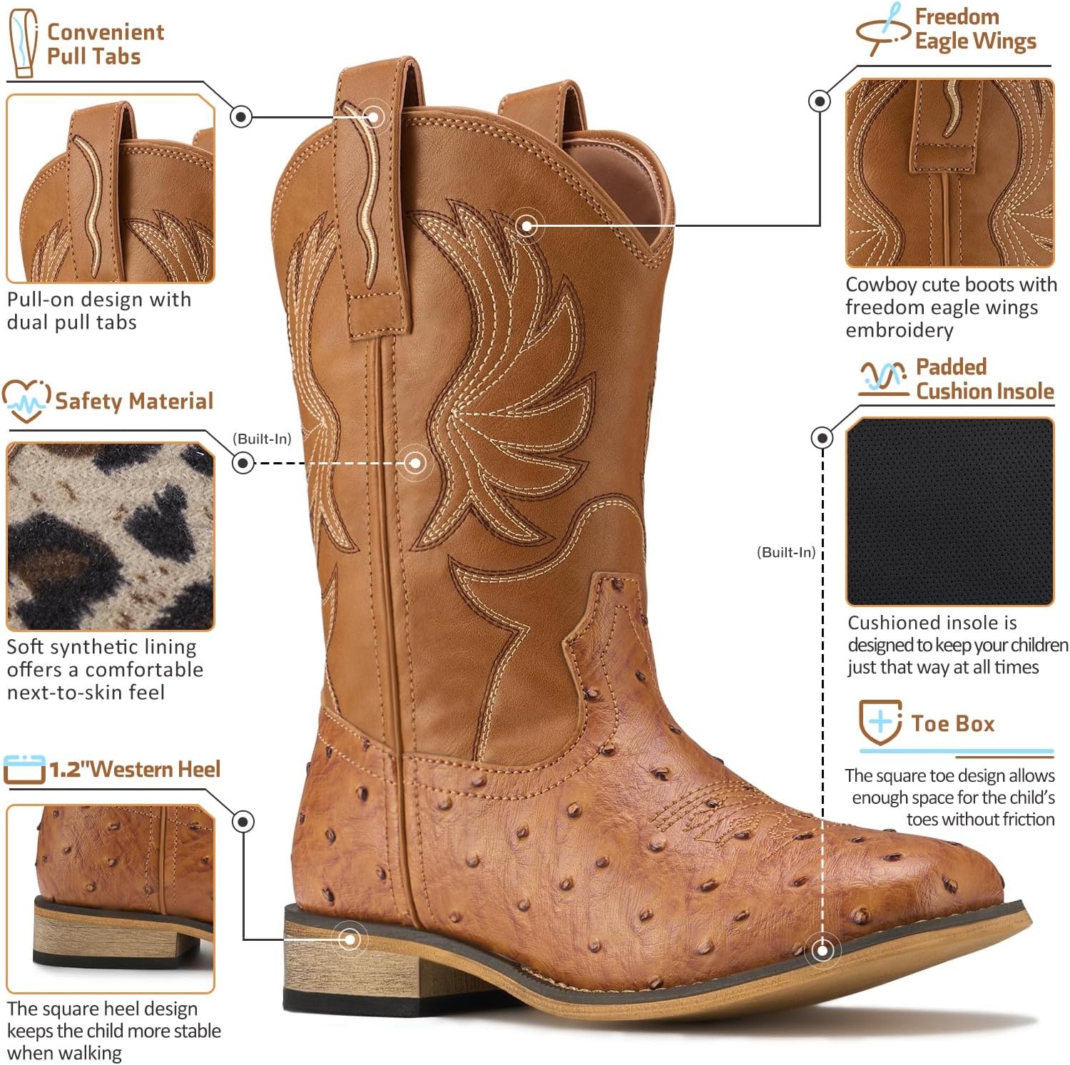 image:imageRollda Kids Cowboy Boots for Boys Girls Western Square Toe Cowgirl Boots with Walking Heel ToddlerLittle KidBig KidDark BrownOstrich Upper