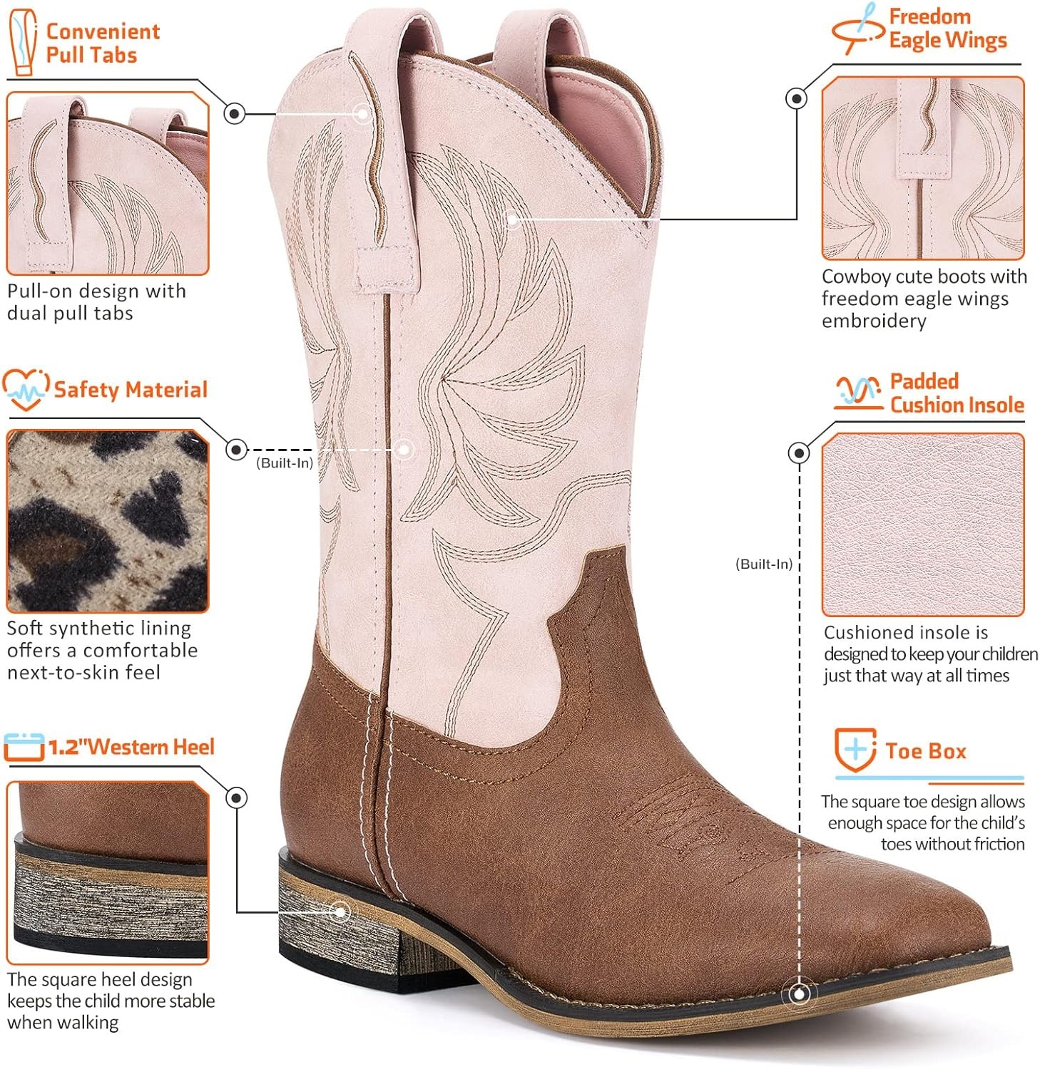 image:imageRollda Kids Cowboy Boots for Boys Girls Western Square Toe Cowgirl Boots with Walking Heel ToddlerLittle KidBig KidPink