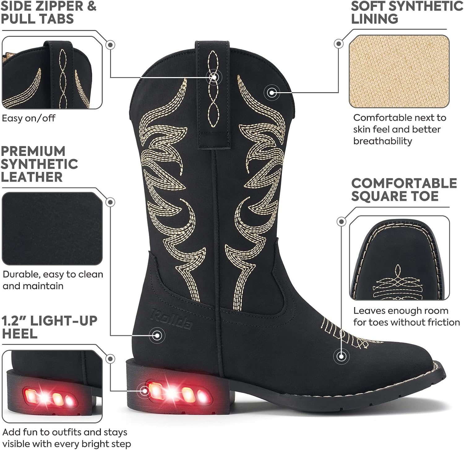 image:imageRollda Toddler Cowboy Boots for Boys Girls Cowgirl Boots Light Up Kids Western Boots for ToddlerLittle KidBlack