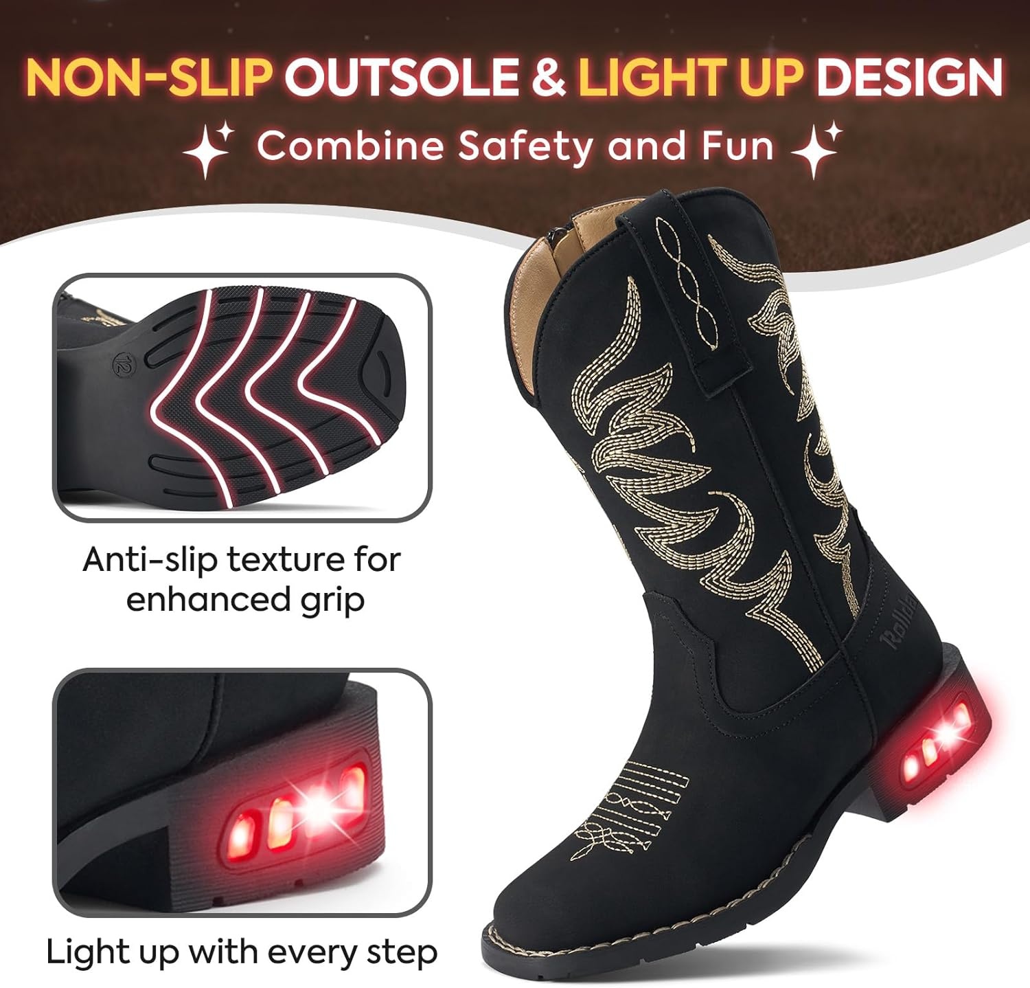 image:imageRollda Toddler Cowboy Boots for Boys Girls Cowgirl Boots Light Up Kids Western Boots for ToddlerLittle KidBlack