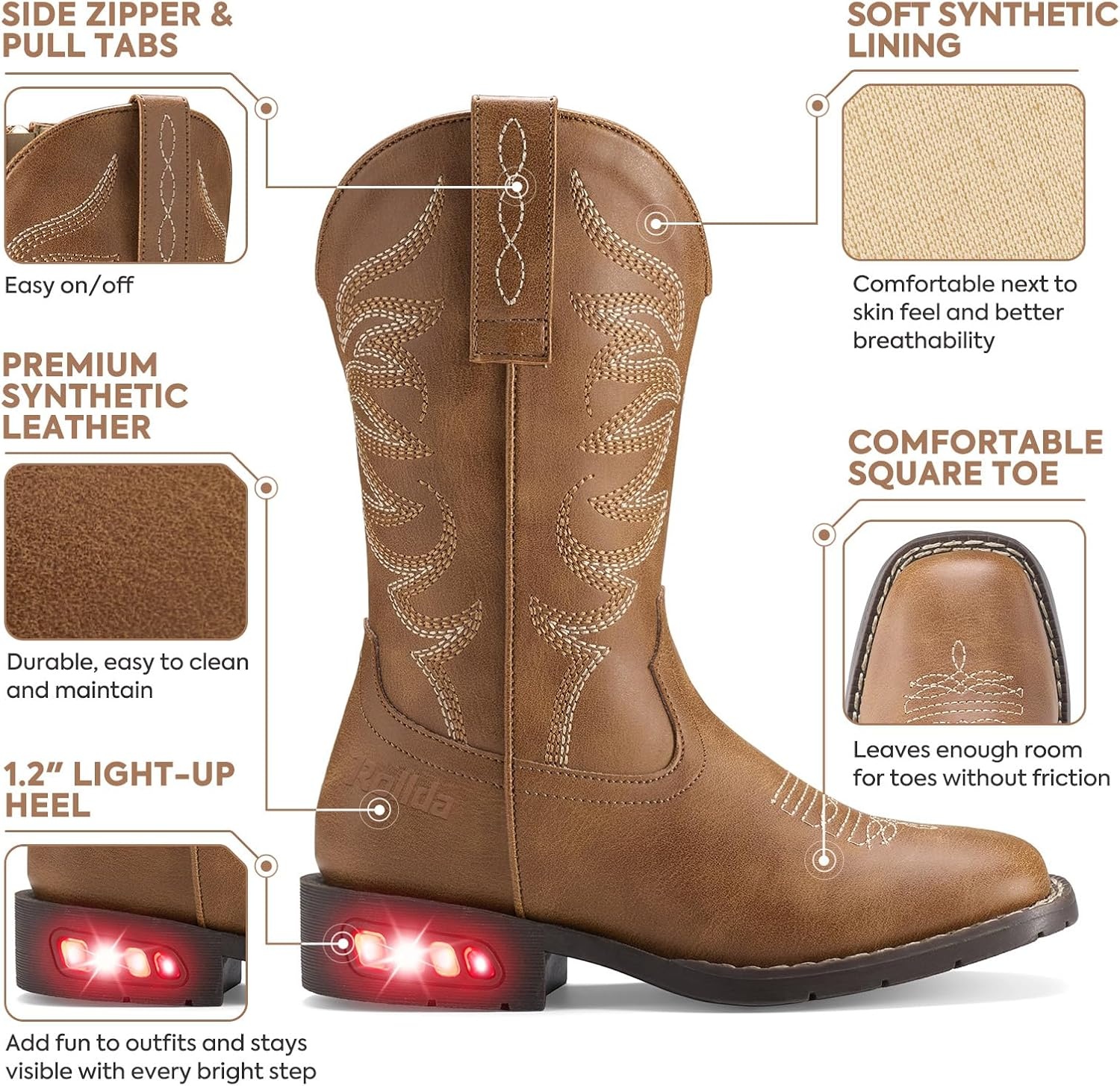 image:imageRollda Toddler Cowboy Boots for Boys Girls Cowgirl Boots Light Up Kids Western Boots for ToddlerLittle KidBrown