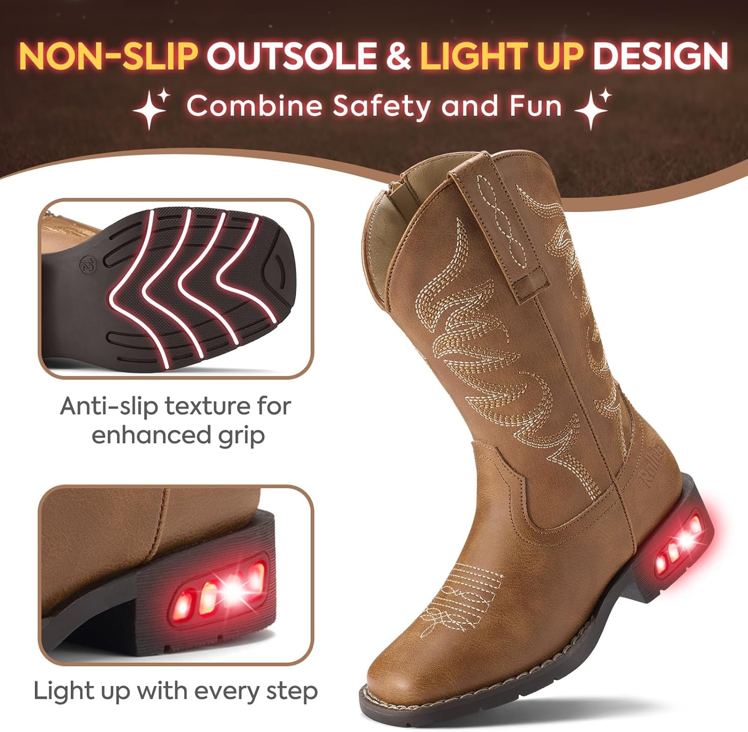 image:imageRollda Toddler Cowboy Boots for Boys Girls Cowgirl Boots Light Up Kids Western Boots for ToddlerLittle KidBrown