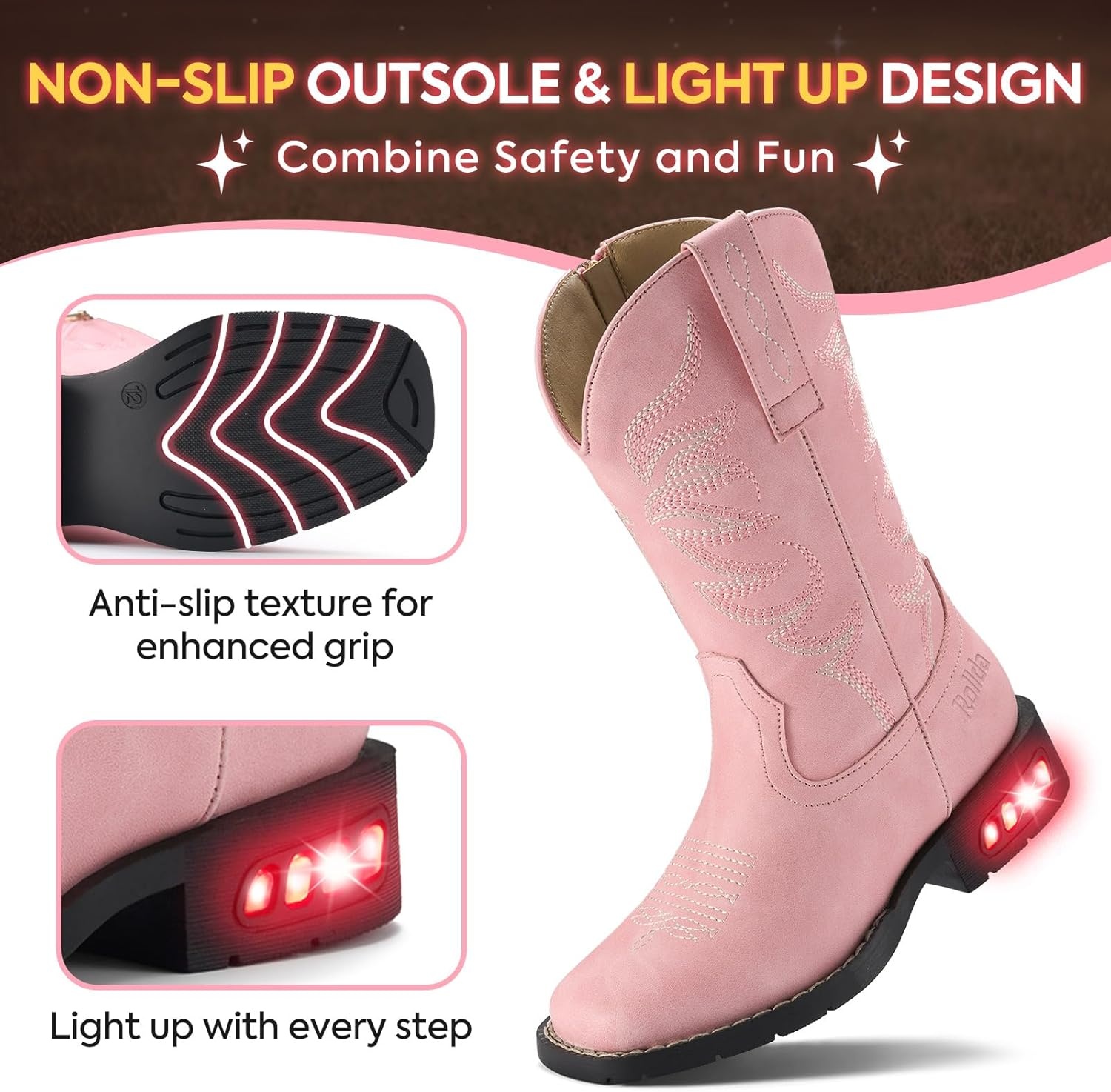 image:imageRollda Toddler Cowboy Boots for Boys Girls Cowgirl Boots Light Up Kids Western Boots for ToddlerLittle KidPink