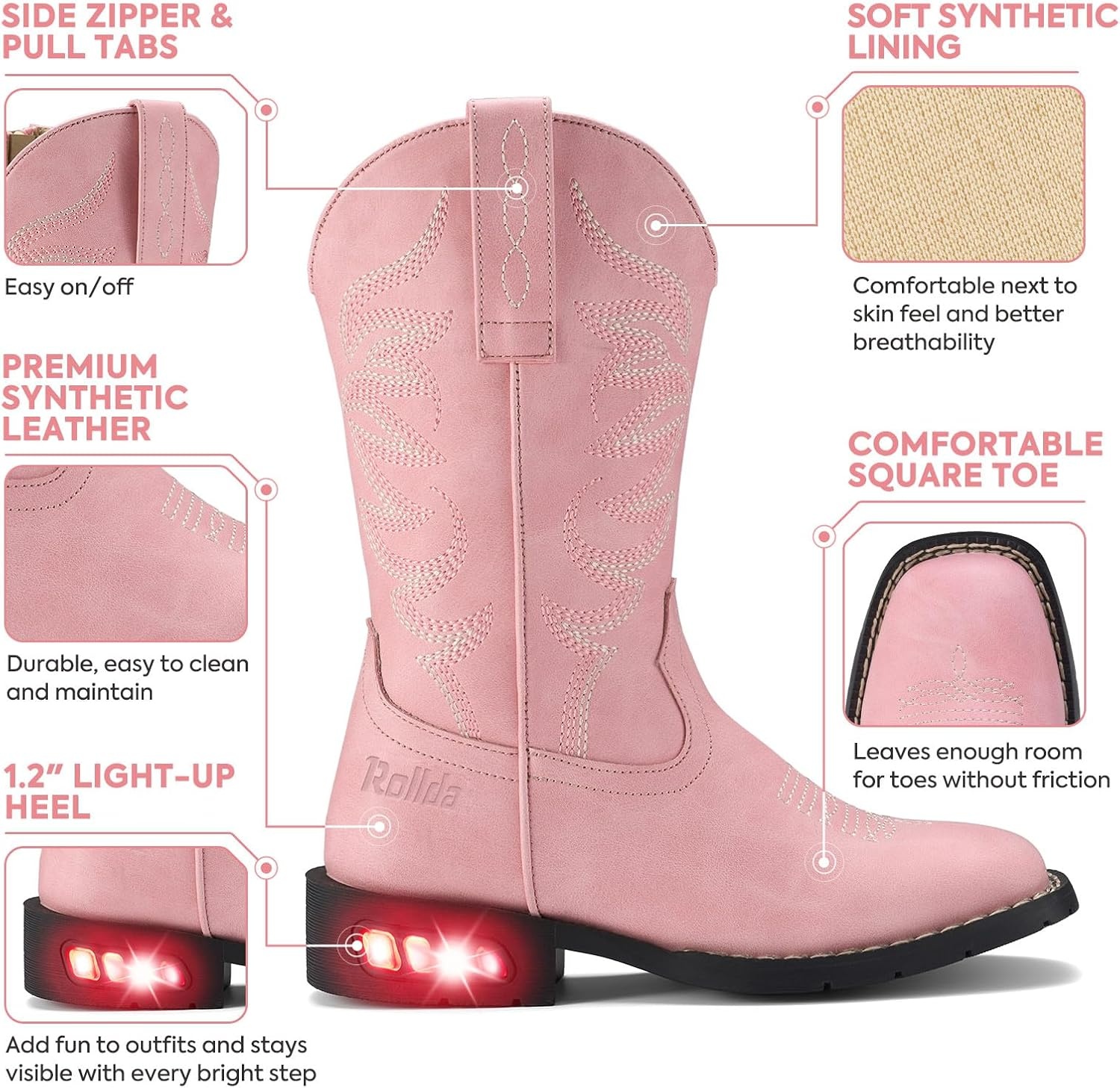 image:imageRollda Toddler Cowboy Boots for Boys Girls Cowgirl Boots Light Up Kids Western Boots for ToddlerLittle KidPink
