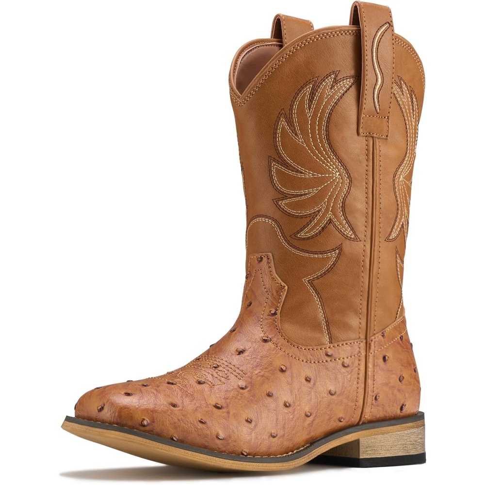 image:imageRollda Kids Cowboy Boots for Boys Girls Western Square Toe Cowgirl Boots with Walking Heel ToddlerLittle KidBig KidDark BrownOstrich Upper