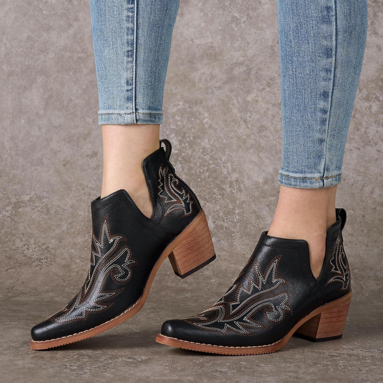 image:imageRollda Cowboy Ankle Booties for Women Cowgirl Short Boots with Chunky Stack Heels V Cutout Ladies Western Booties for Cowboy Chic Style Black