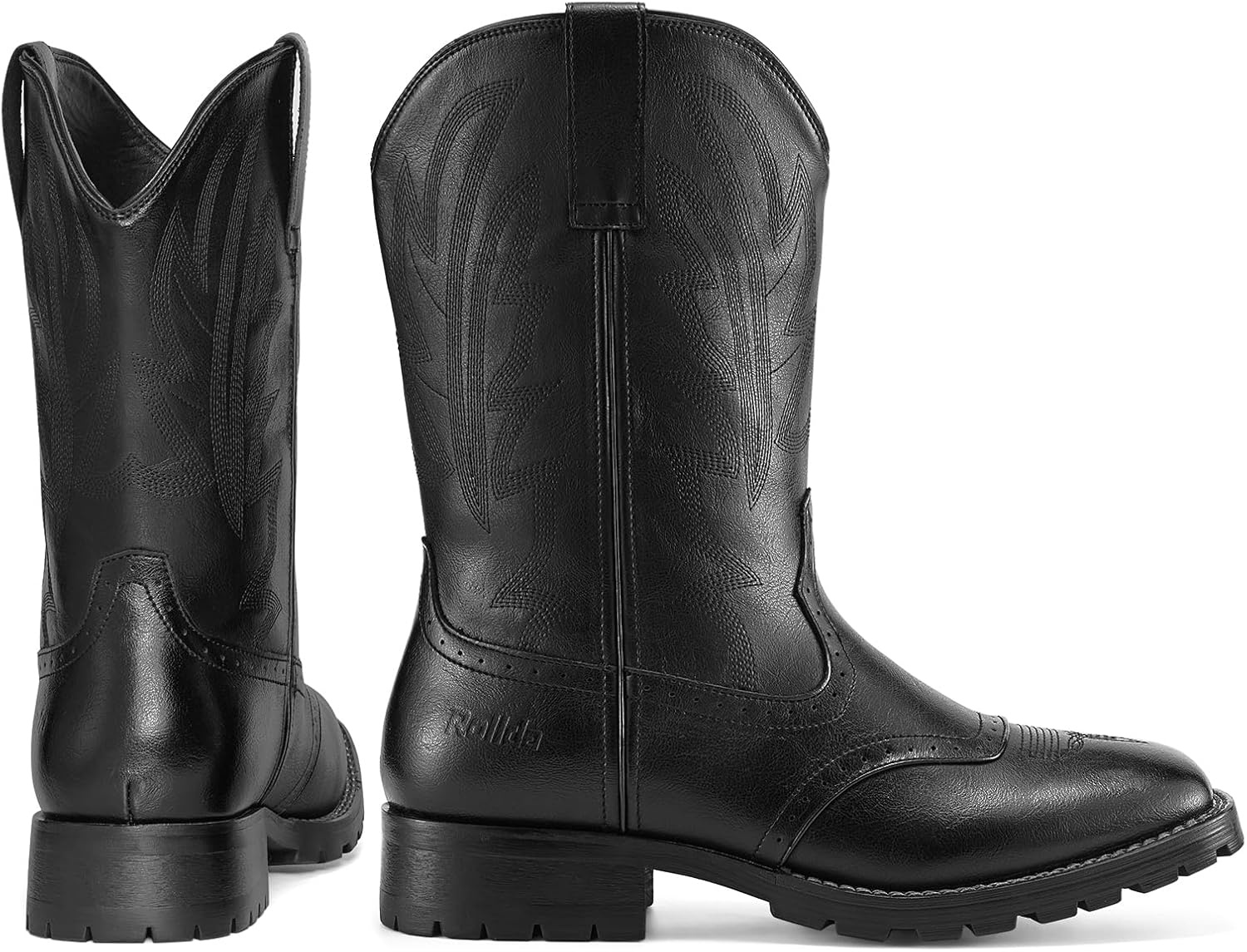 image:imageRollda Cowboy Boots for Men Western Boots Mens Square Toe Chunky Heel MidCalf Boots Classic Embroidered Pull On BootsBlack 1