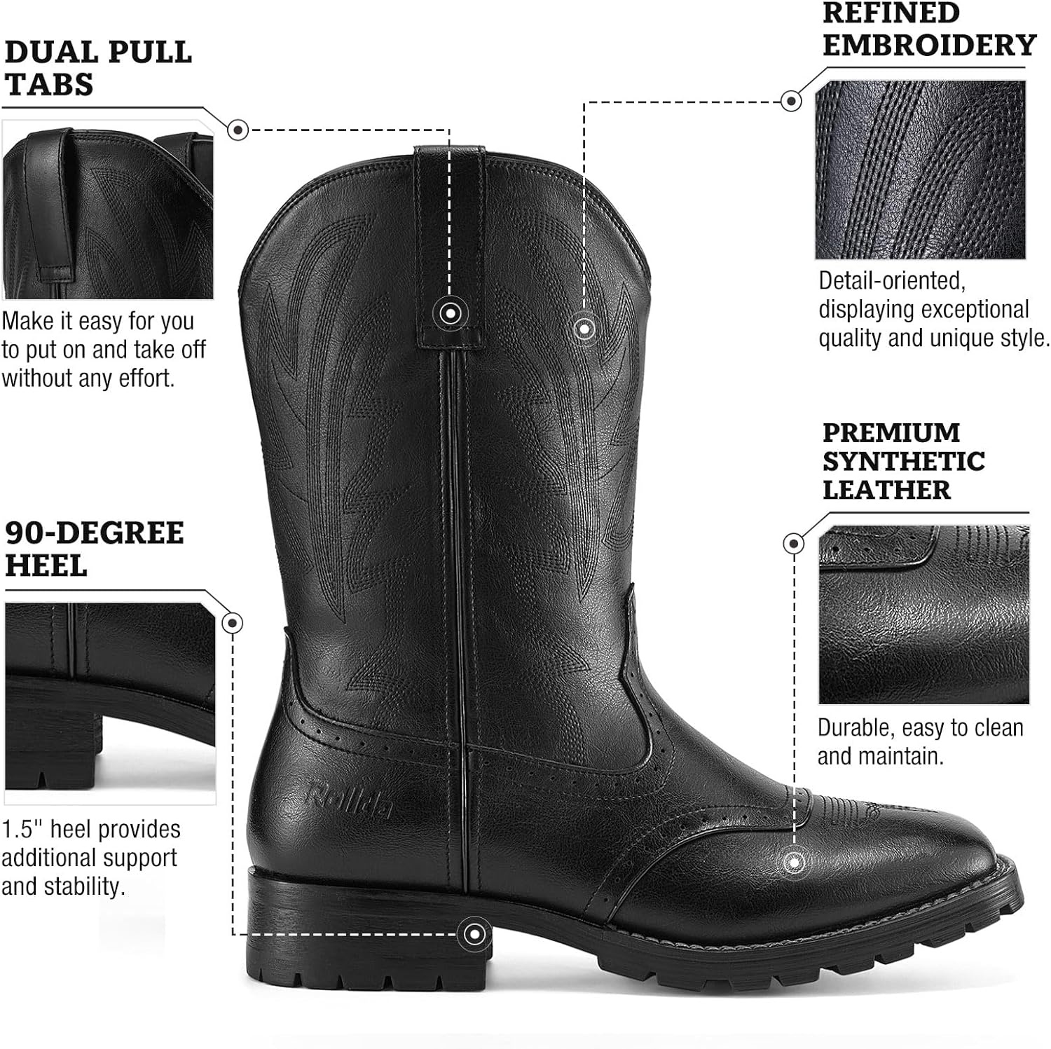 image:imageRollda Cowboy Boots for Men Western Boots Mens Square Toe Chunky Heel MidCalf Boots Classic Embroidered Pull On BootsBlack 1