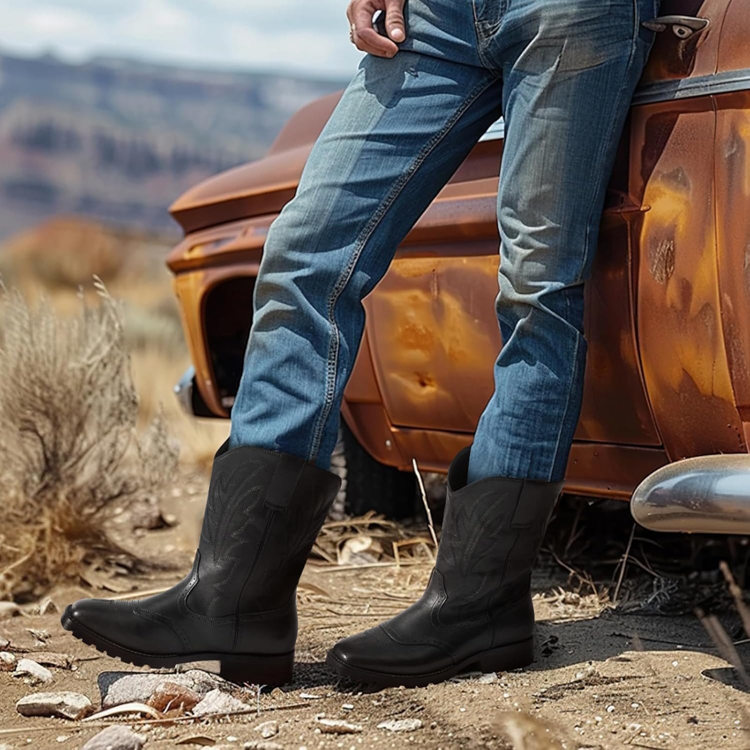 image:imageRollda Cowboy Boots for Men Western Boots Mens Square Toe Chunky Heel MidCalf Boots Classic Embroidered Pull On BootsBlack 1