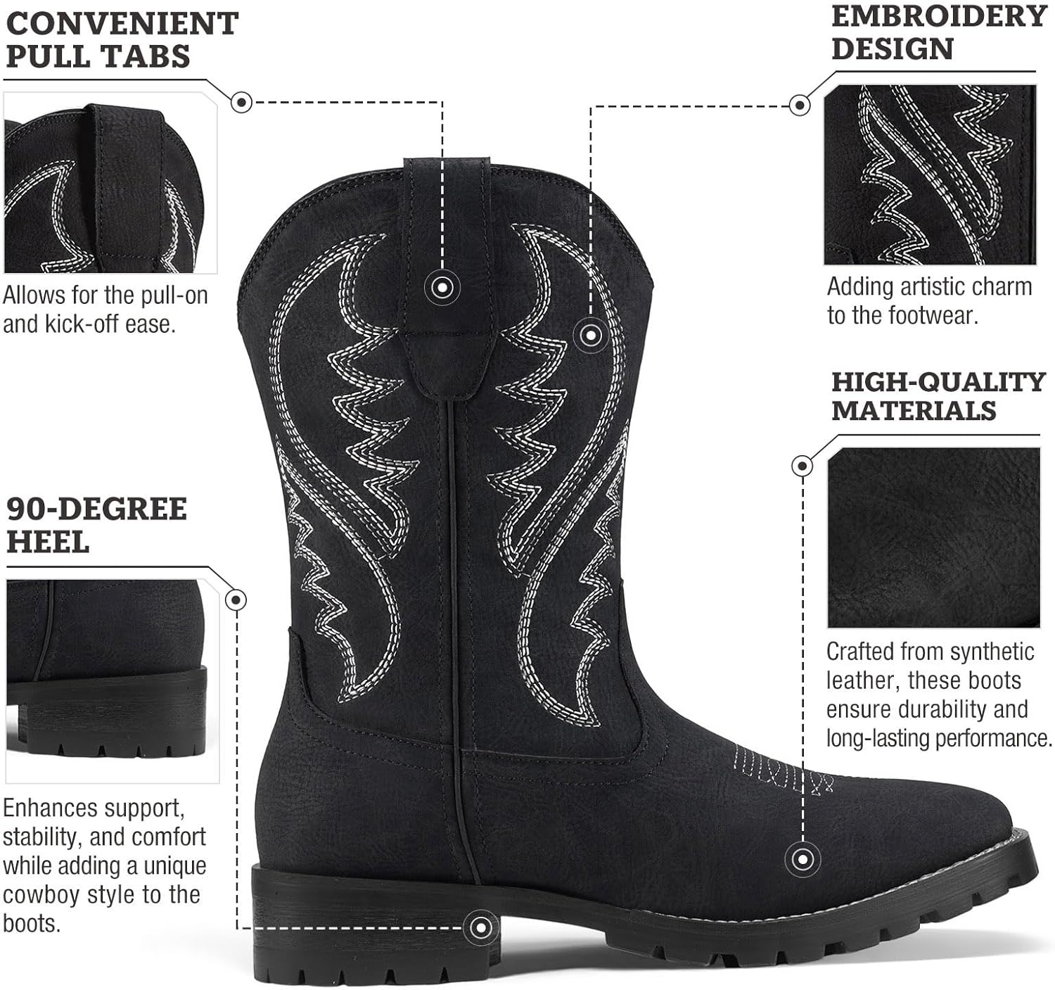 image:imageRollda Cowboy Boots for Men Western Boots Mens Square Toe Chunky Heel MidCalf Boots Classic Embroidered Pull On BootsBlack
