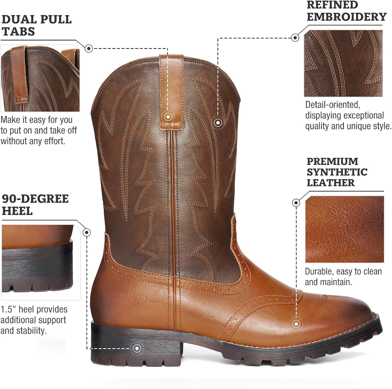 image:imageRollda Cowboy Boots for Men Western Boots Mens Square Toe Chunky Heel MidCalf Boots Classic Embroidered Pull On BootsBrown 1