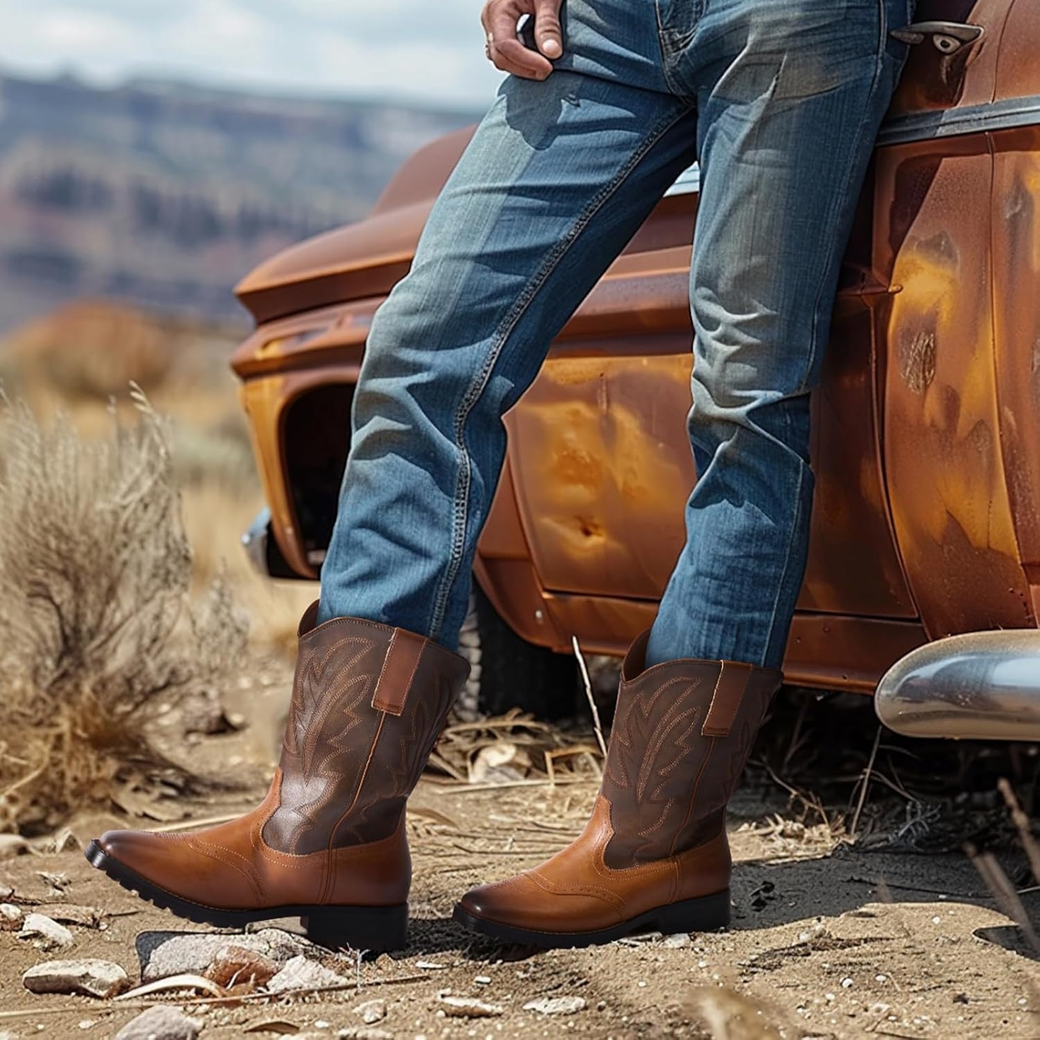 image:imageRollda Cowboy Boots for Men Western Boots Mens Square Toe Chunky Heel MidCalf Boots Classic Embroidered Pull On BootsBrown 1