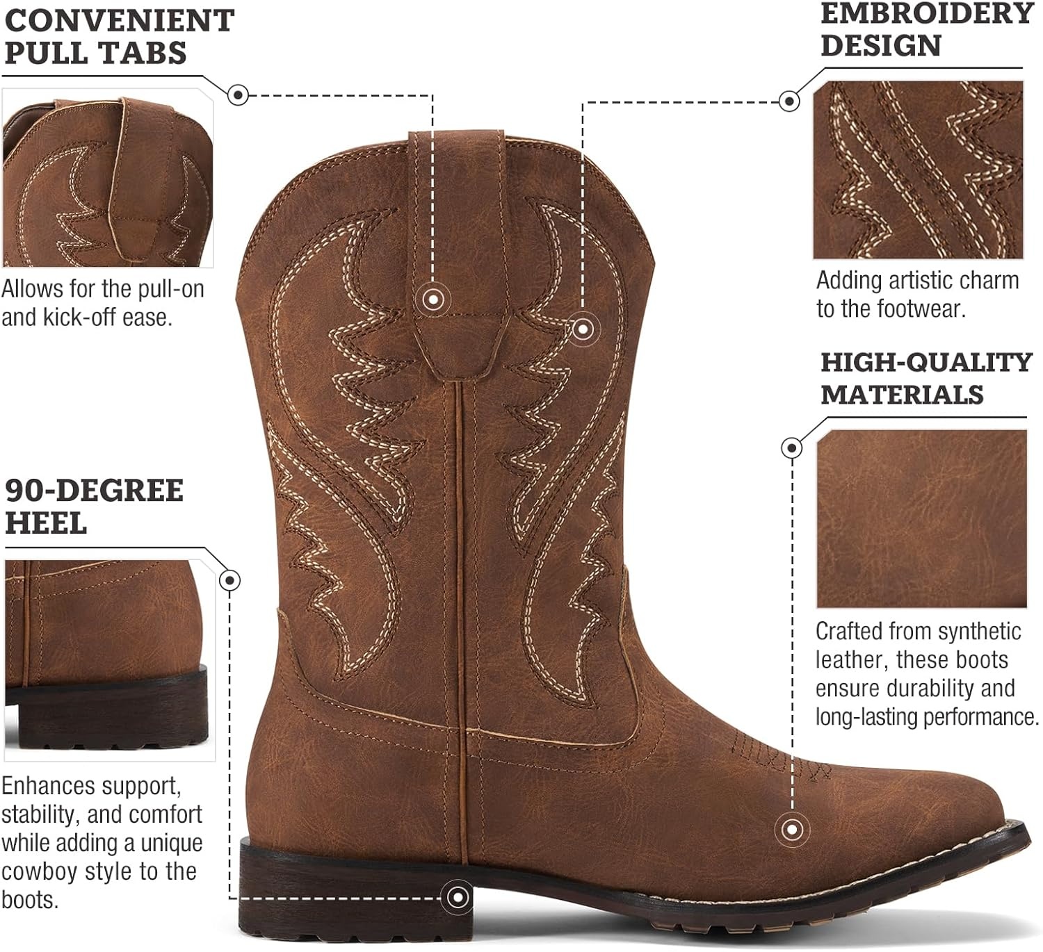 image:imageRollda Cowboy Boots for Men Western Boots Mens Square Toe Chunky Heel MidCalf Boots Classic Embroidered Pull On BootsBrown