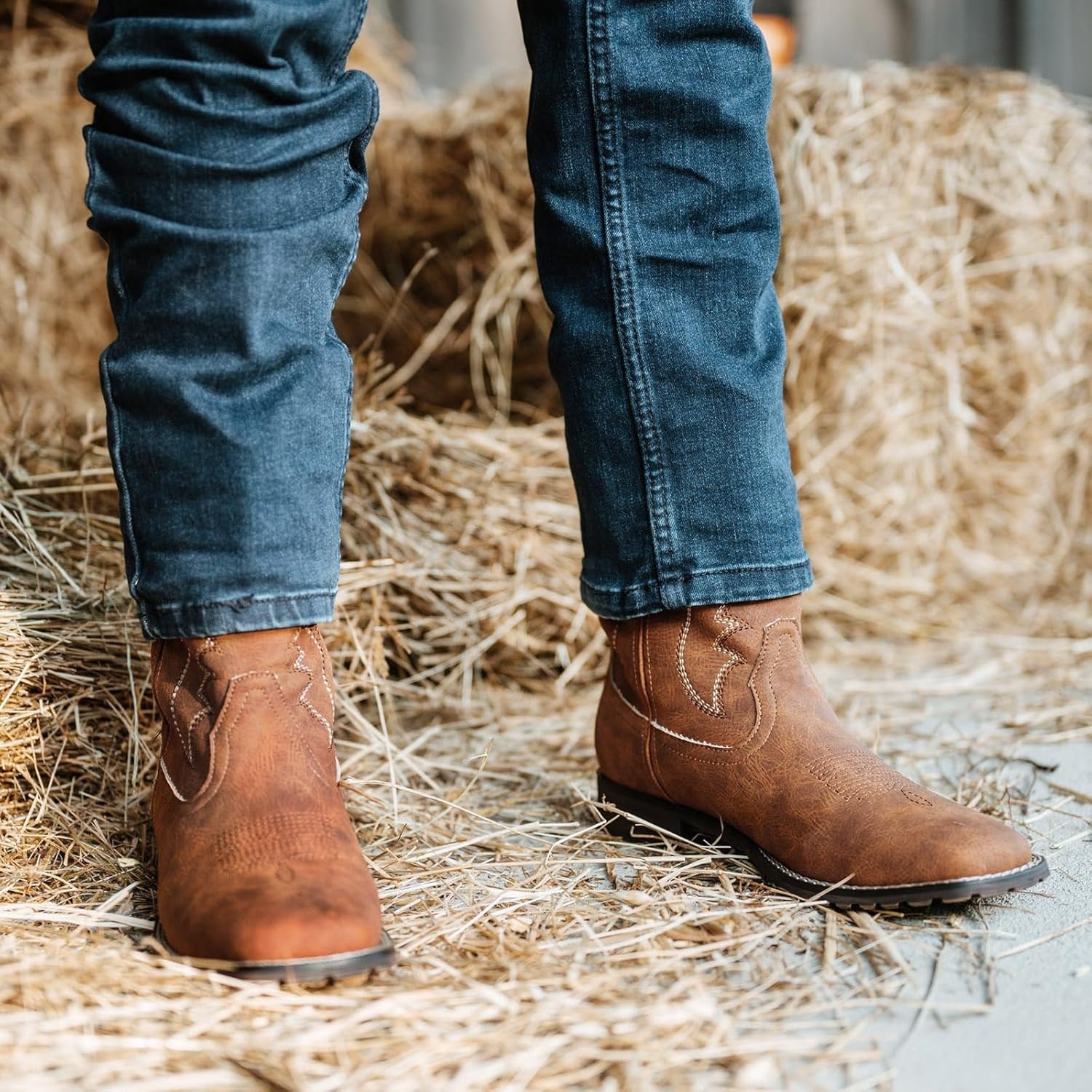 image:imageRollda Cowboy Boots for Men Western Boots Mens Square Toe Chunky Heel MidCalf Boots Classic Embroidered Pull On BootsBrown