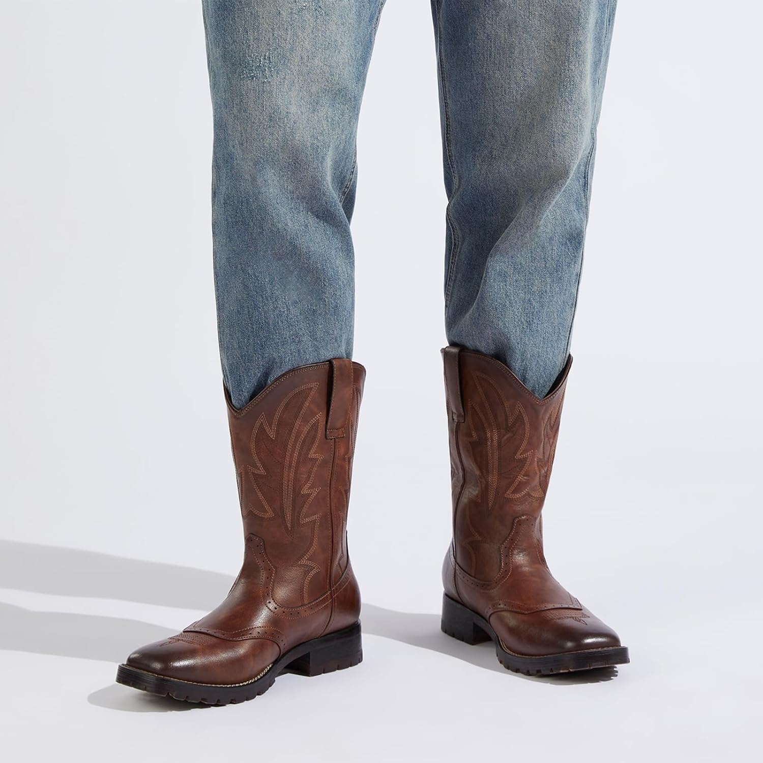 image:imageRollda Cowboy Boots for Men Western Boots Mens Square Toe Chunky Heel MidCalf Boots Classic Embroidered Pull On BootsDark Brown