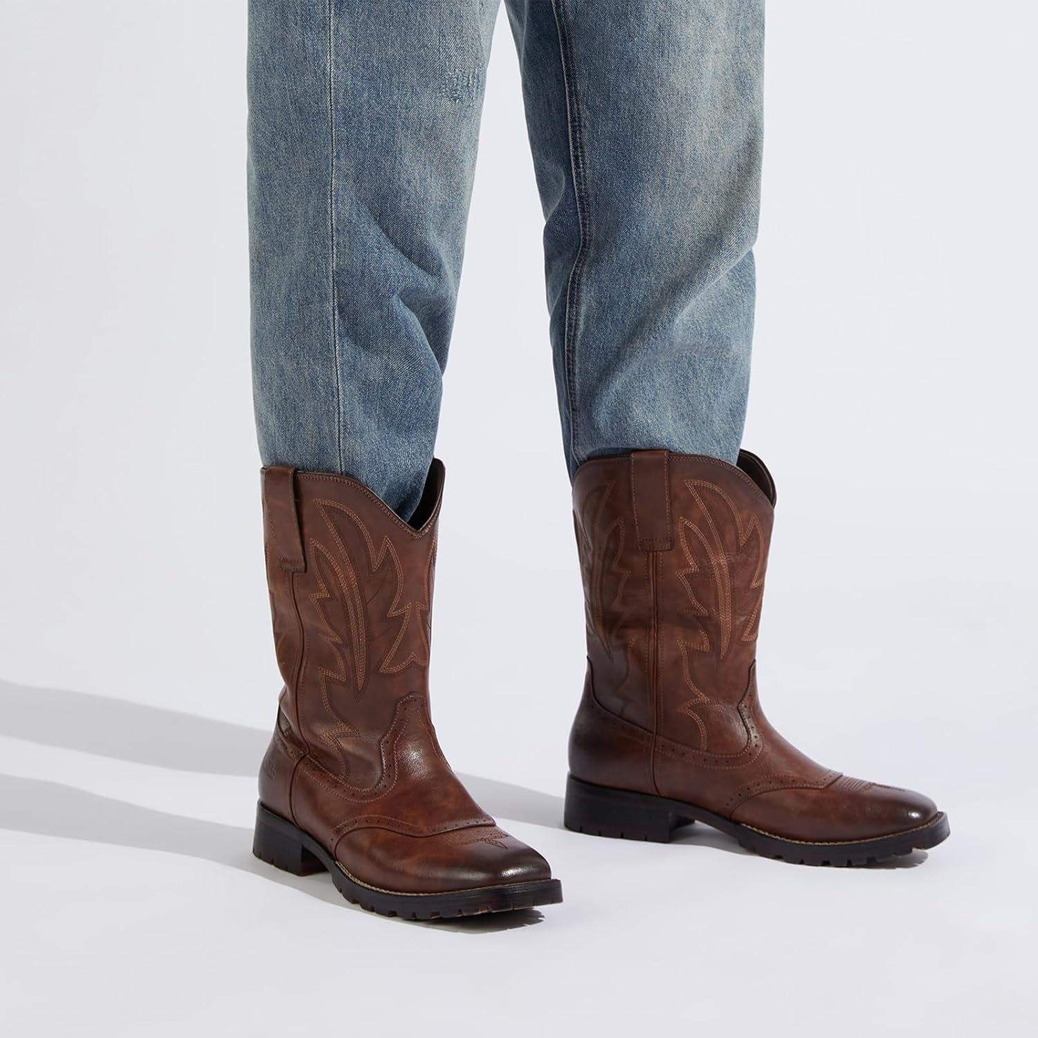 image:imageRollda Cowboy Boots for Men Western Boots Mens Square Toe Chunky Heel MidCalf Boots Classic Embroidered Pull On BootsDark Brown