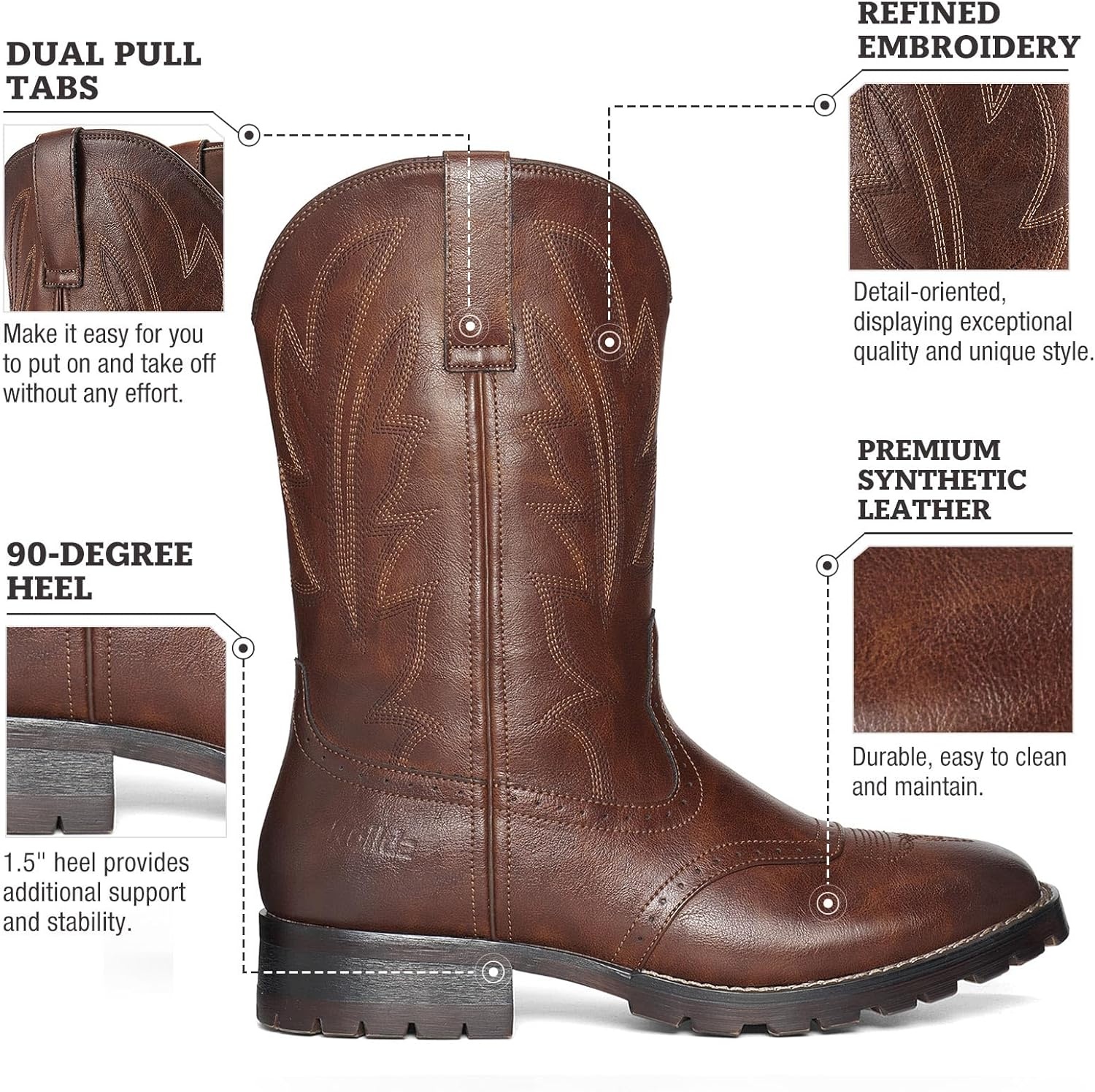 image:imageRollda Cowboy Boots for Men Western Boots Mens Square Toe Chunky Heel MidCalf Boots Classic Embroidered Pull On BootsDark Brown