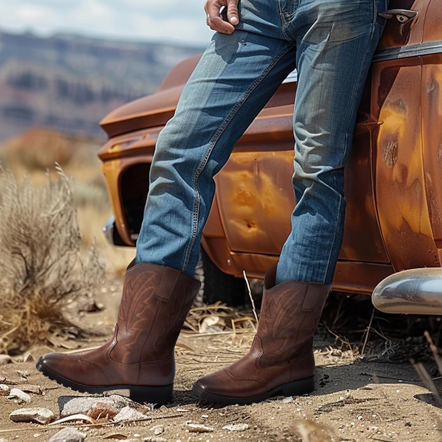 image:imageRollda Cowboy Boots for Men Western Boots Mens Square Toe Chunky Heel MidCalf Boots Classic Embroidered Pull On BootsDark Brown