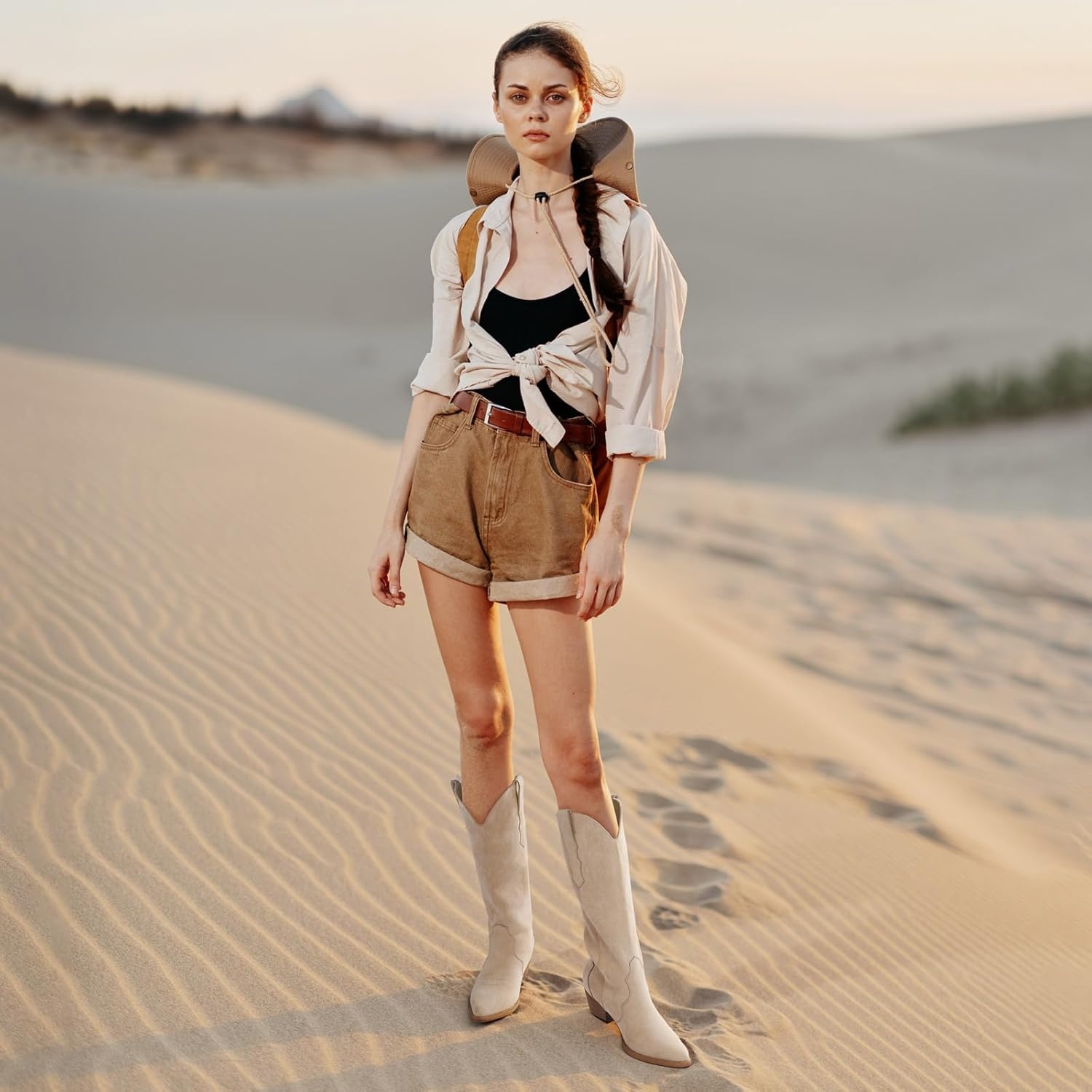 image:imageRollda Cowboy Boots for Women Cowgirl Boots Embroidered KneeHigh Western Boots Pointy Toe with Chunky HeelBeige