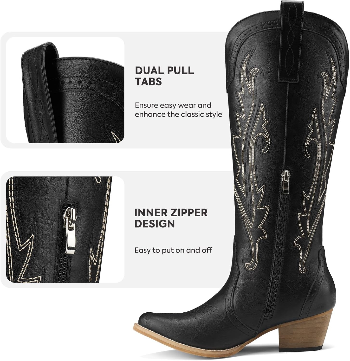 image:imageRollda Cowboy Boots for Women Cowgirl Boots Embroidered KneeHigh Western Boots Pointy Toe with Chunky HeelBlack