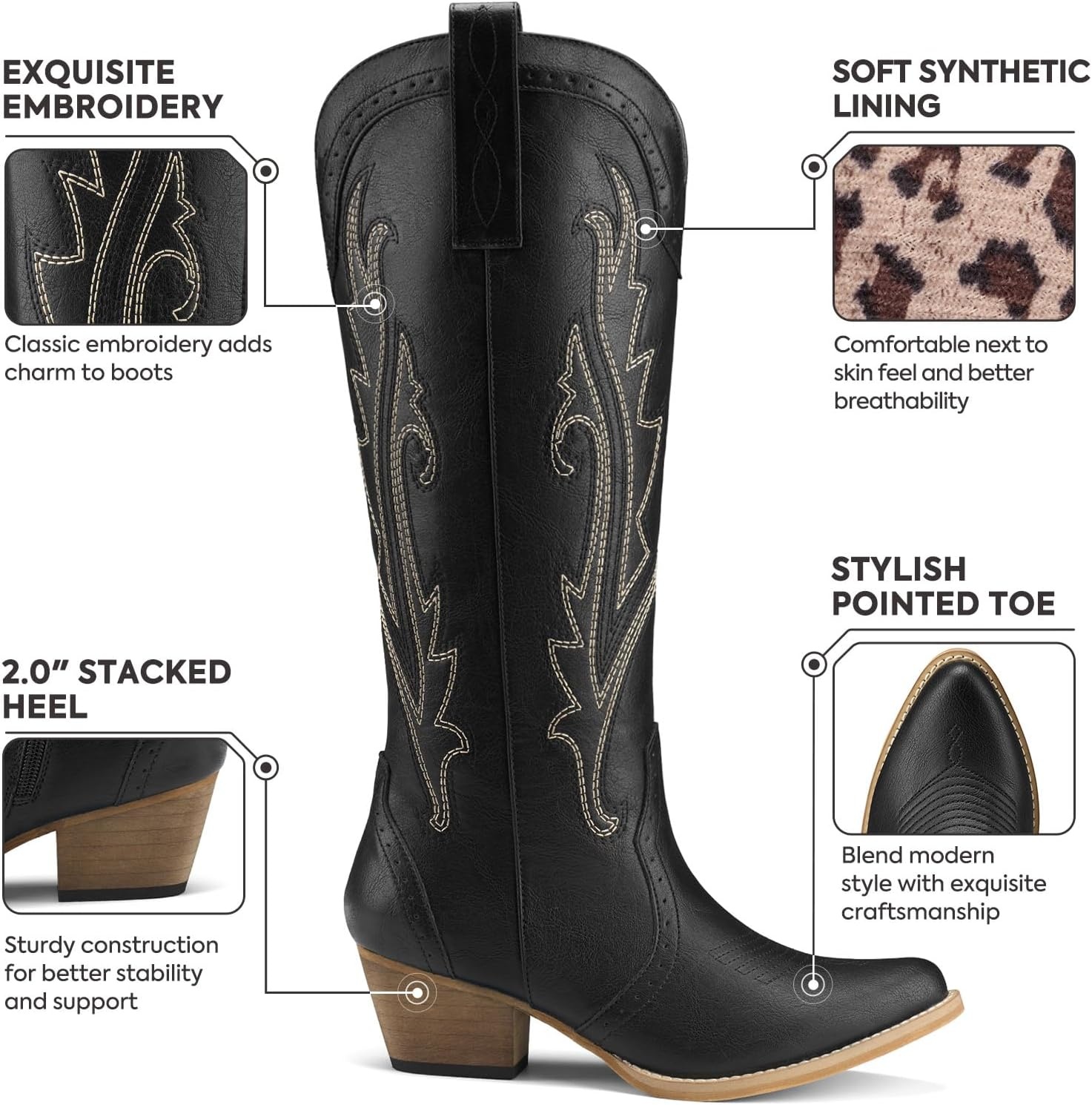 image:imageRollda Cowboy Boots for Women Cowgirl Boots Embroidered KneeHigh Western Boots Pointy Toe with Chunky HeelBlack