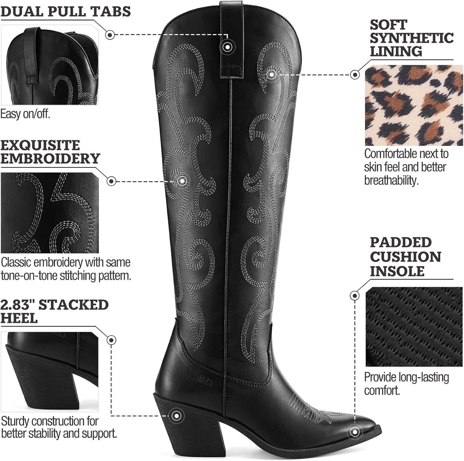 image:imageRollda Cowboy Boots for Women Cowgirl Boots Embroidered KneeHigh Western Boots Pointy Toe with Chunky HeelBlack WZipper