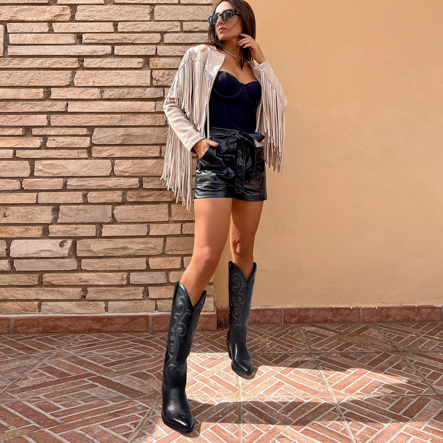 image:imageRollda Cowboy Boots for Women Cowgirl Boots Embroidered KneeHigh Western Boots Pointy Toe with Chunky HeelBlack WZipper
