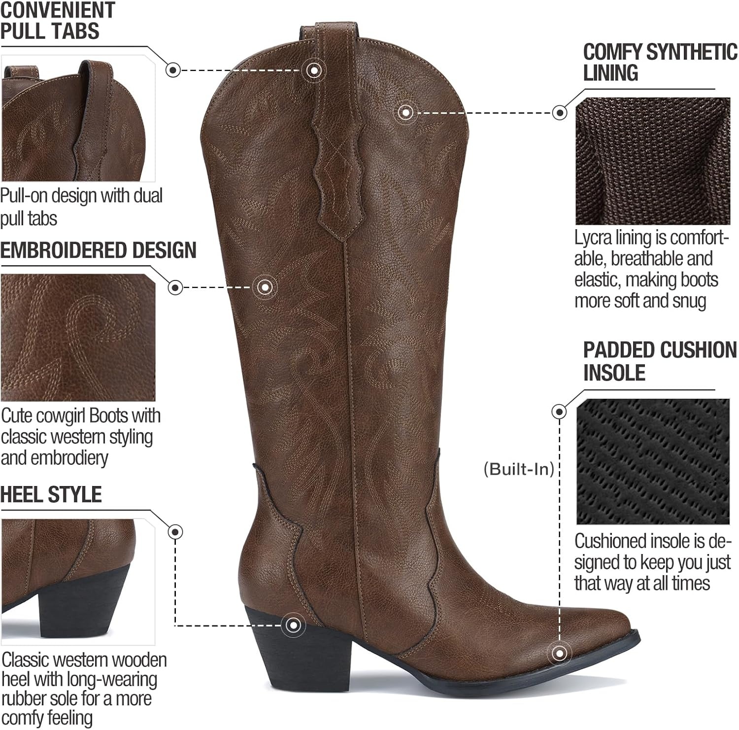 image:imageRollda Cowboy Boots for Women Cowgirl Boots Embroidered KneeHigh Western Boots Pointy Toe with Chunky HeelBronze