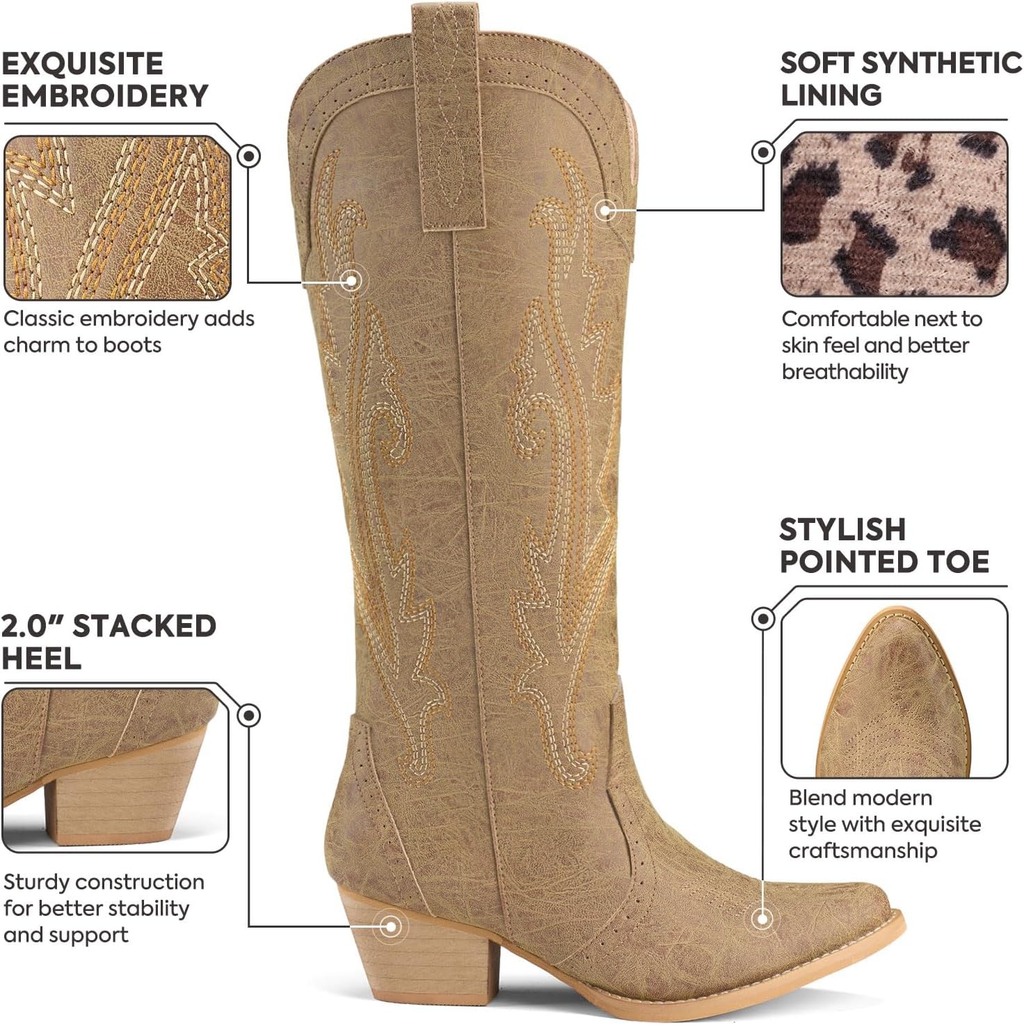 image:imageRollda Cowboy Boots for Women Cowgirl Boots Embroidered KneeHigh Western Boots Pointy Toe with Chunky HeelBrown